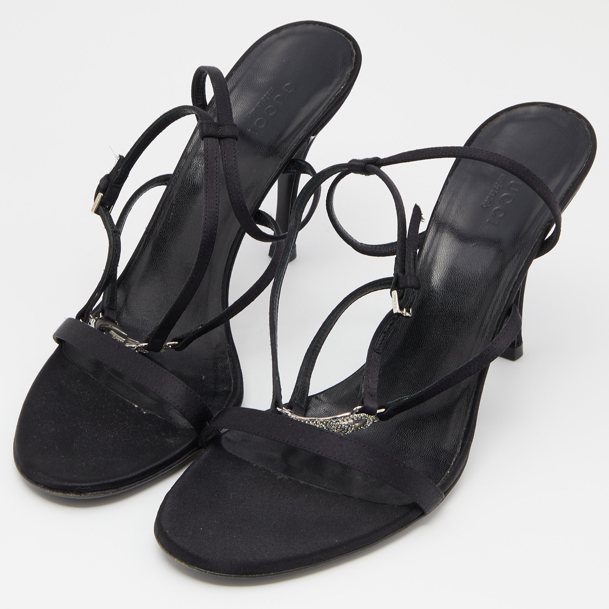 

Gucci Black Satin Crystal Embellished Interlocking G Ankle Strap Sandals Size