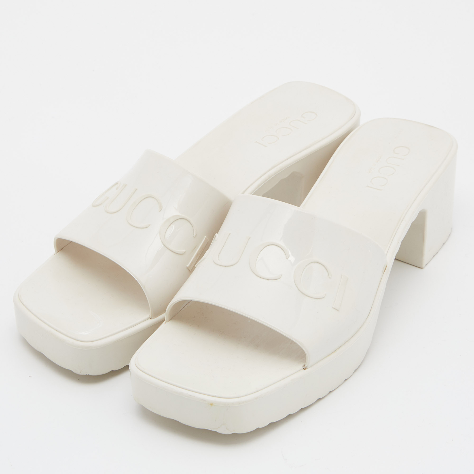 

Gucci Off White Rubber Logo Embossed Slide Sandals Size