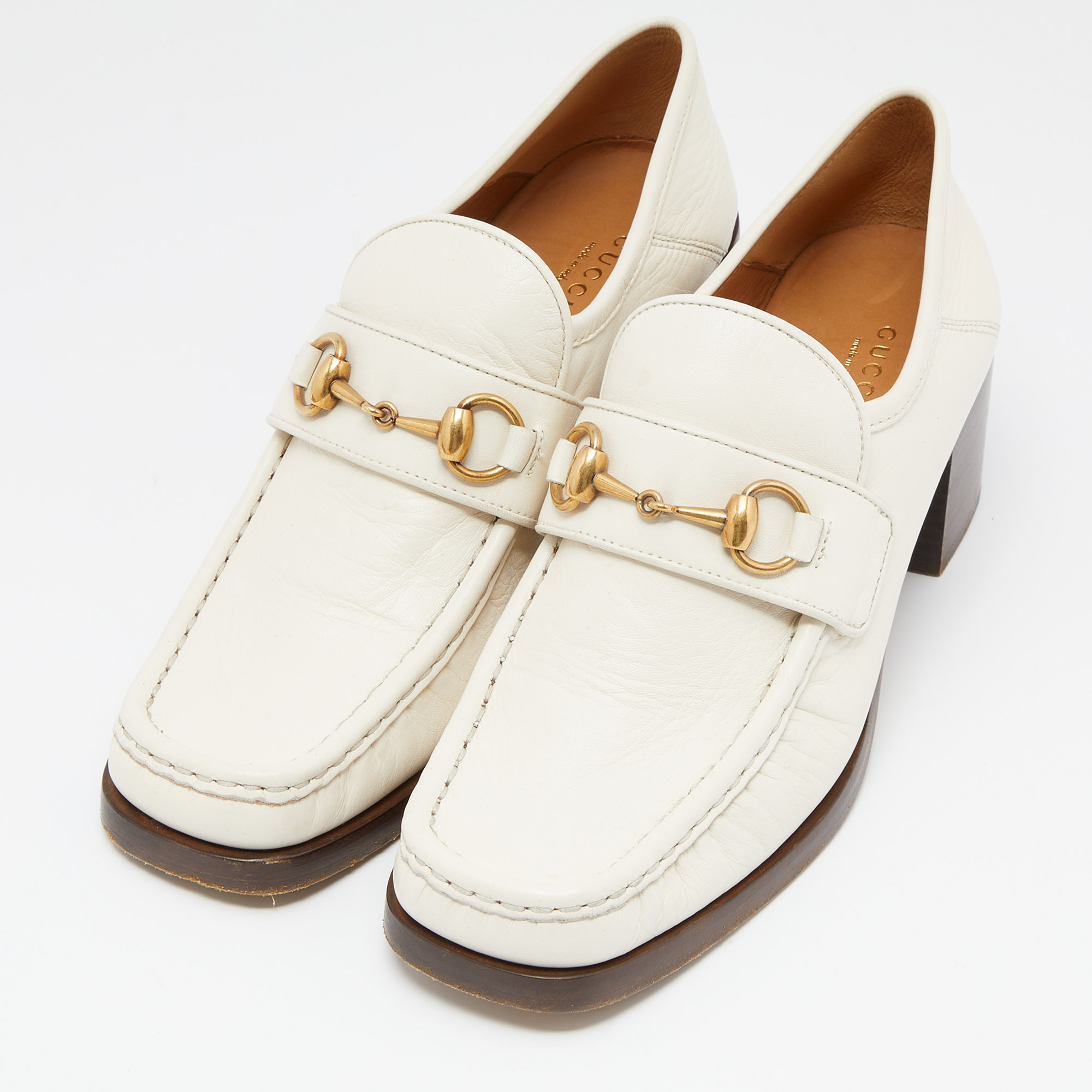 

Gucci Off White Leather Horsebit Loafer Pumps Size