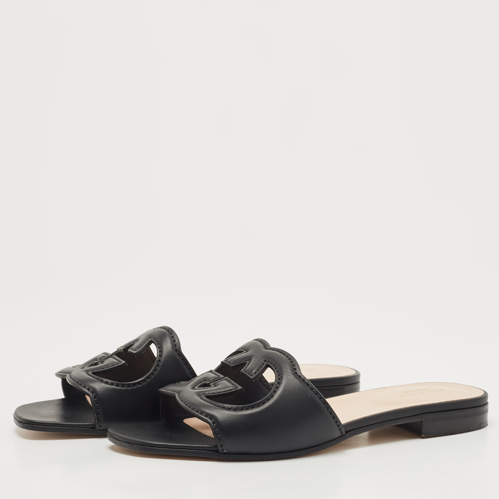 

Gucci Black Leather Interlocking G Cut Out Flat Slides Size