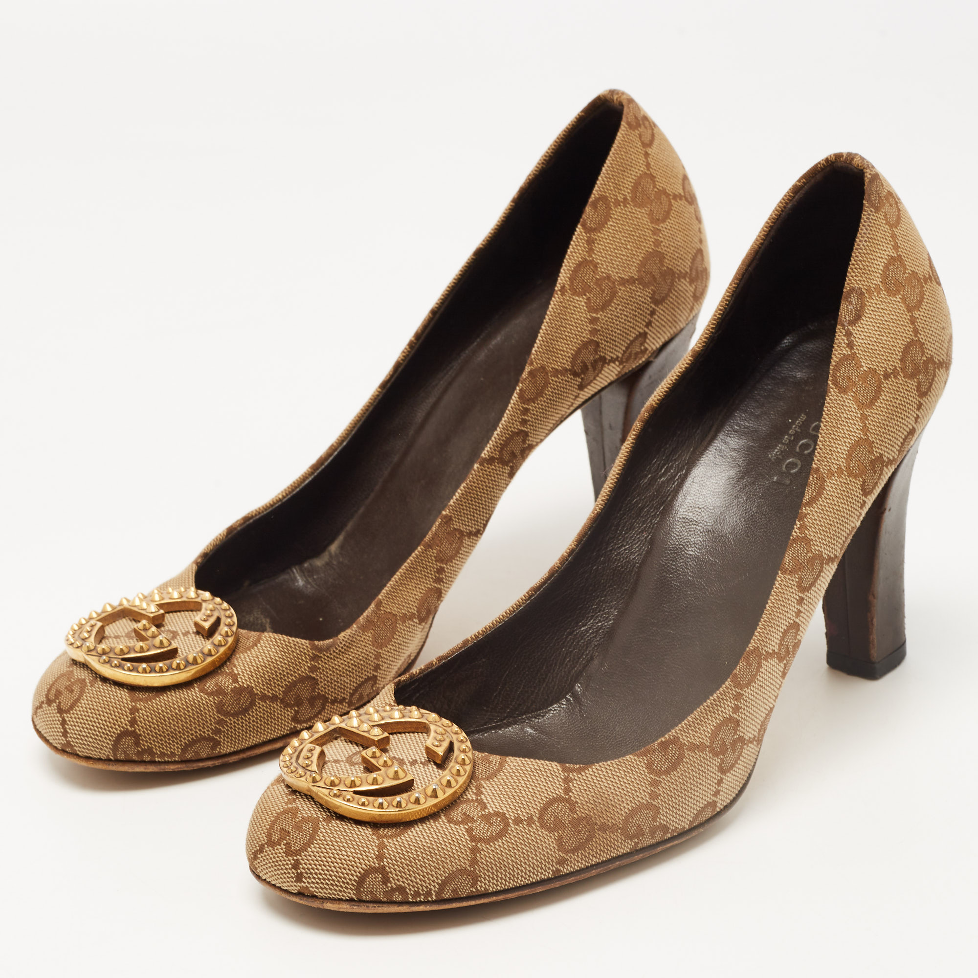 

Gucci Beige/Brown GG Canvas Studded Interlocking G Pumps Size