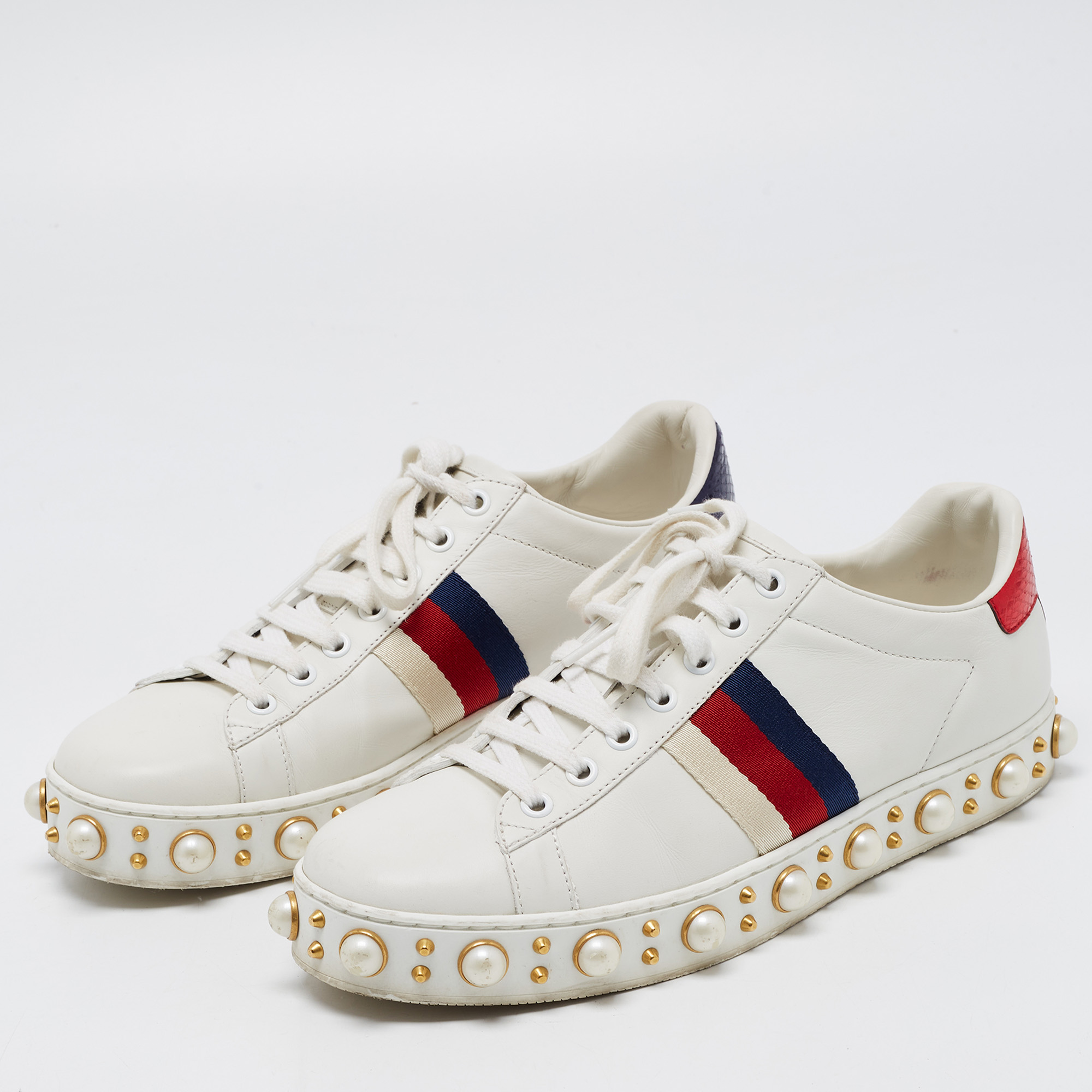 

Gucci White Leather Ace Pearl Embellished Web Low Top Sneakers Size