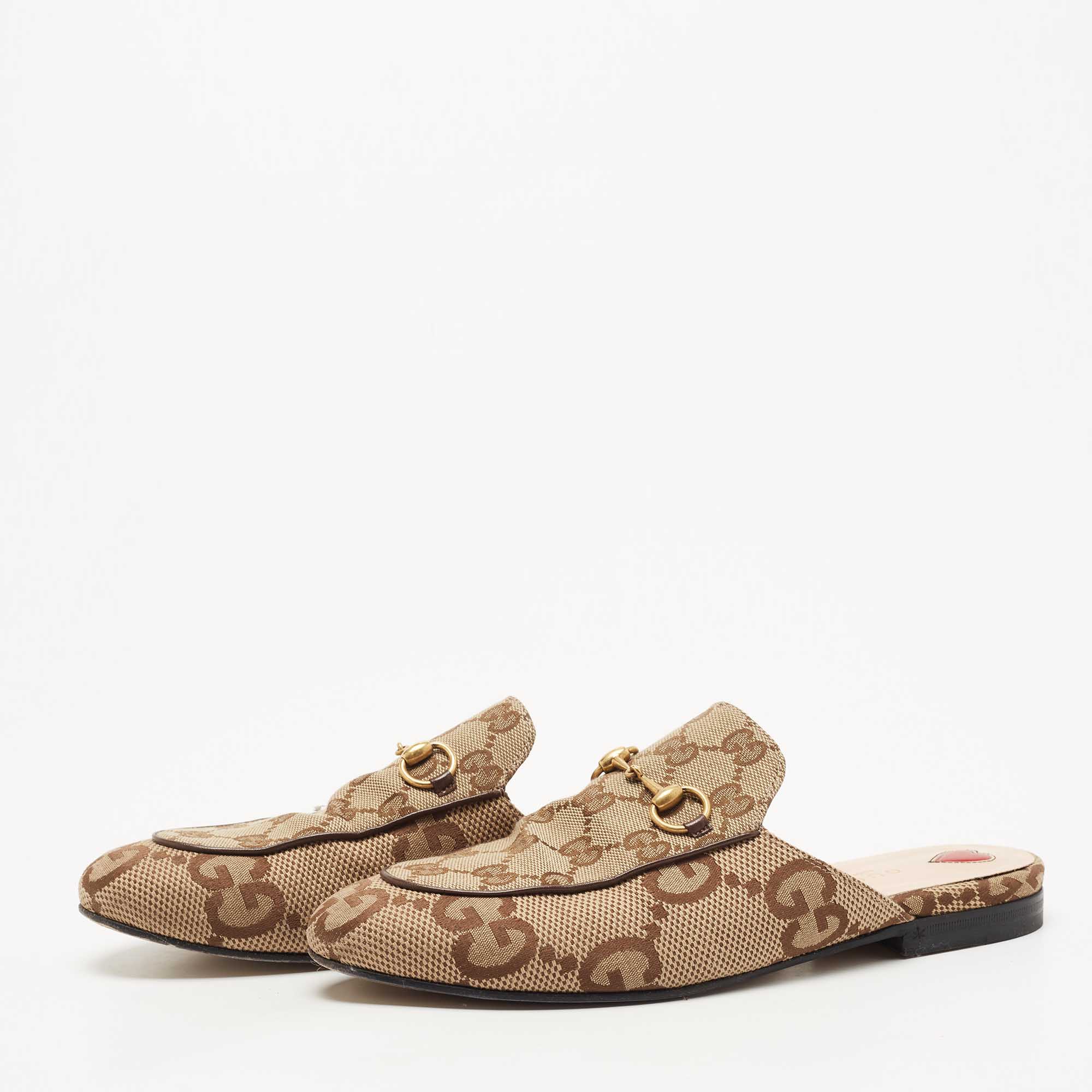 

Gucci Beige/Brown GG Canvas Princetown Horsebit Mules Size