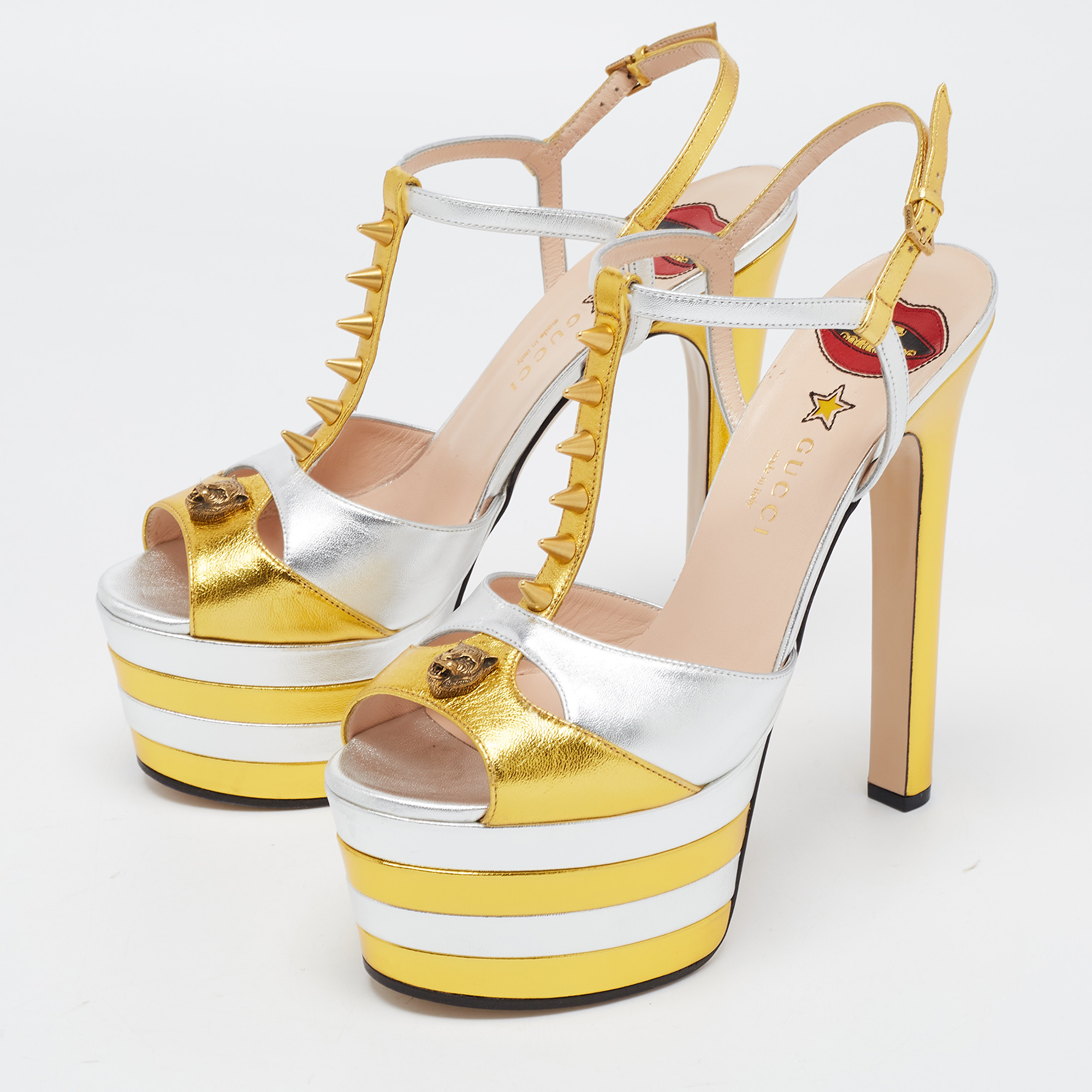 

Gucci Gold/Silver Foil Leather Angel Tiger Embellished Platform Ankle Strap Sandals Size