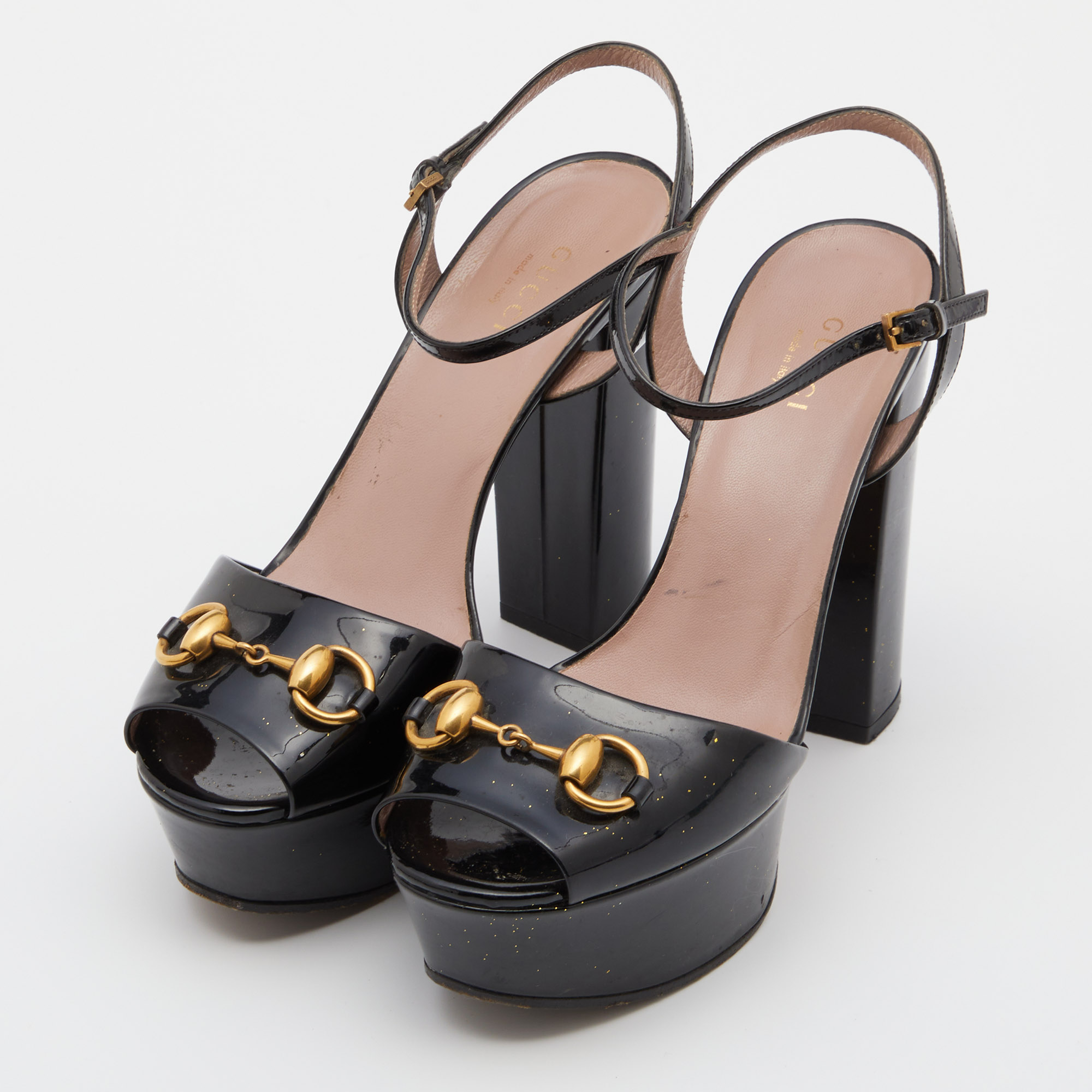 

Gucci Black Patent Leather Claudie Platform Sandals Size