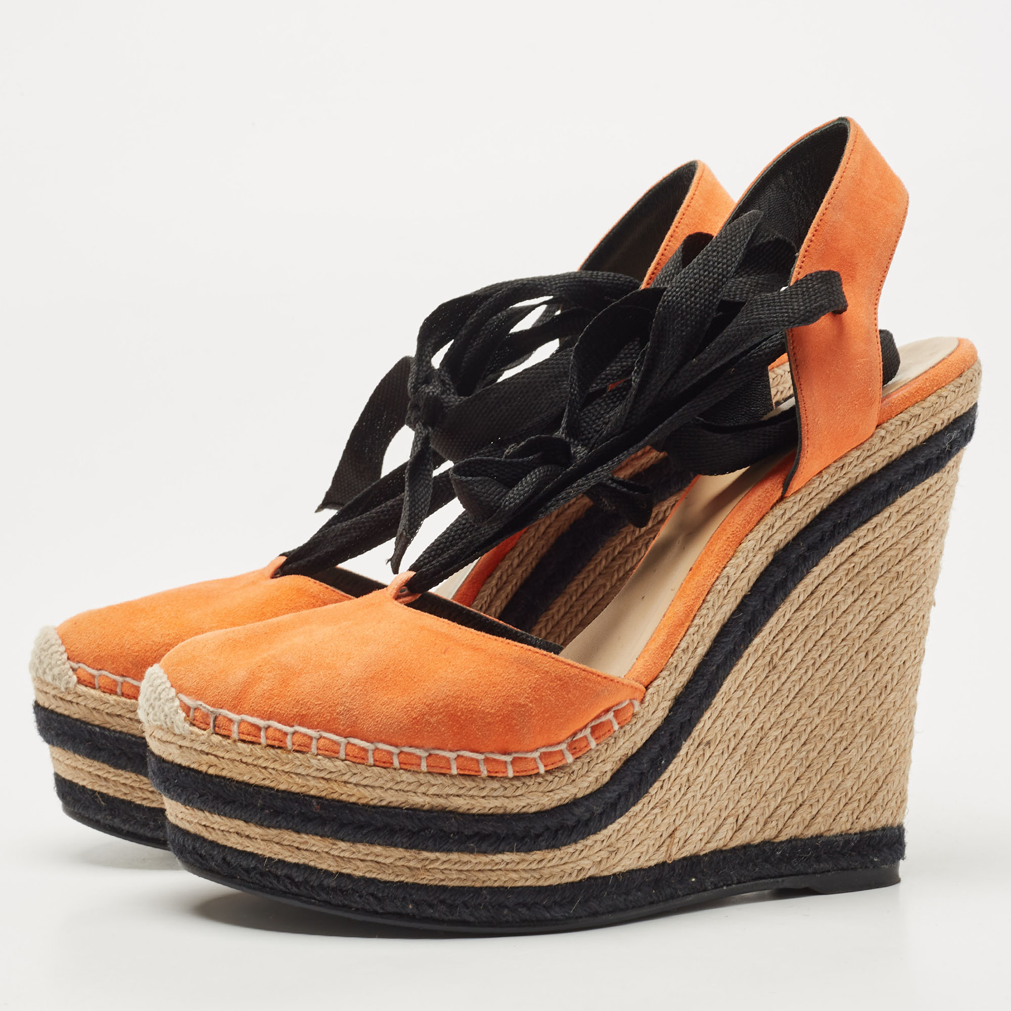 

Gucci Orange/Black Suede Wedge Espadrille Platform Ankle Wrap Sandals Size