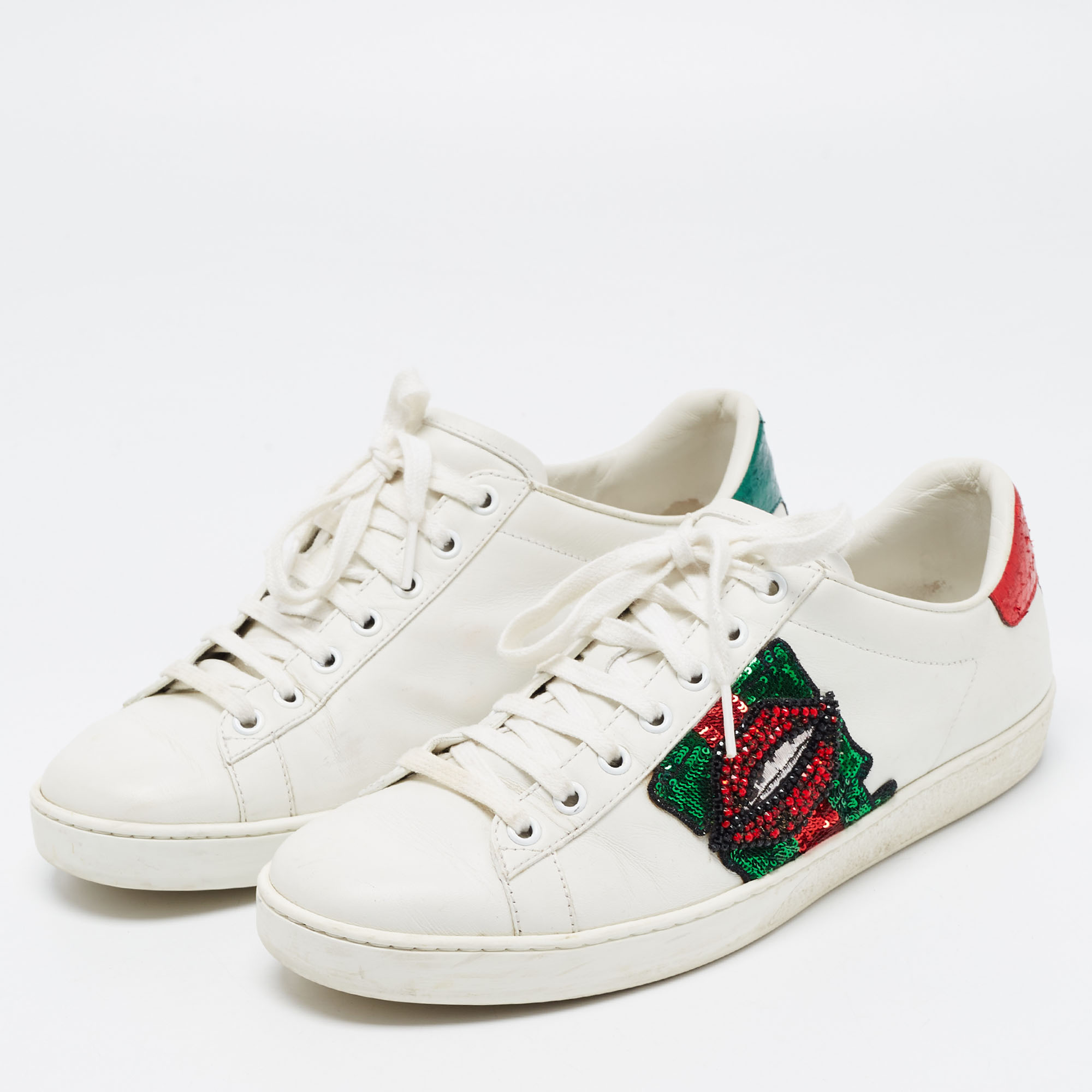 

Gucci White Leather Embellished Lip Ace Sneakers Size