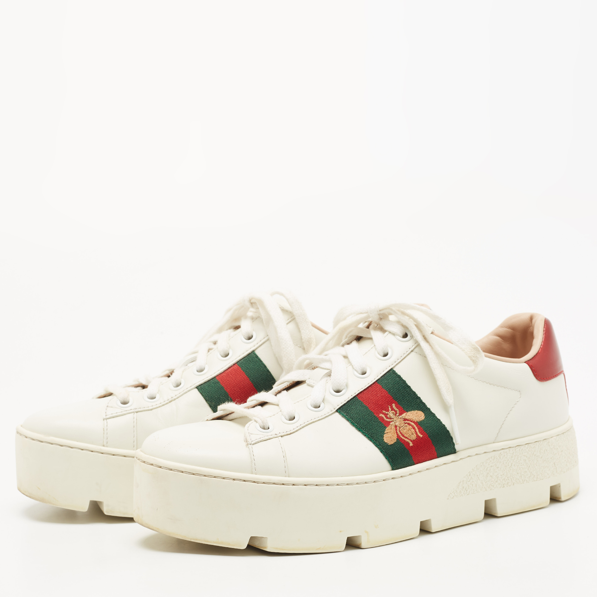 

Gucci White Leather Bee Ace Platform Low Top Sneakers Size