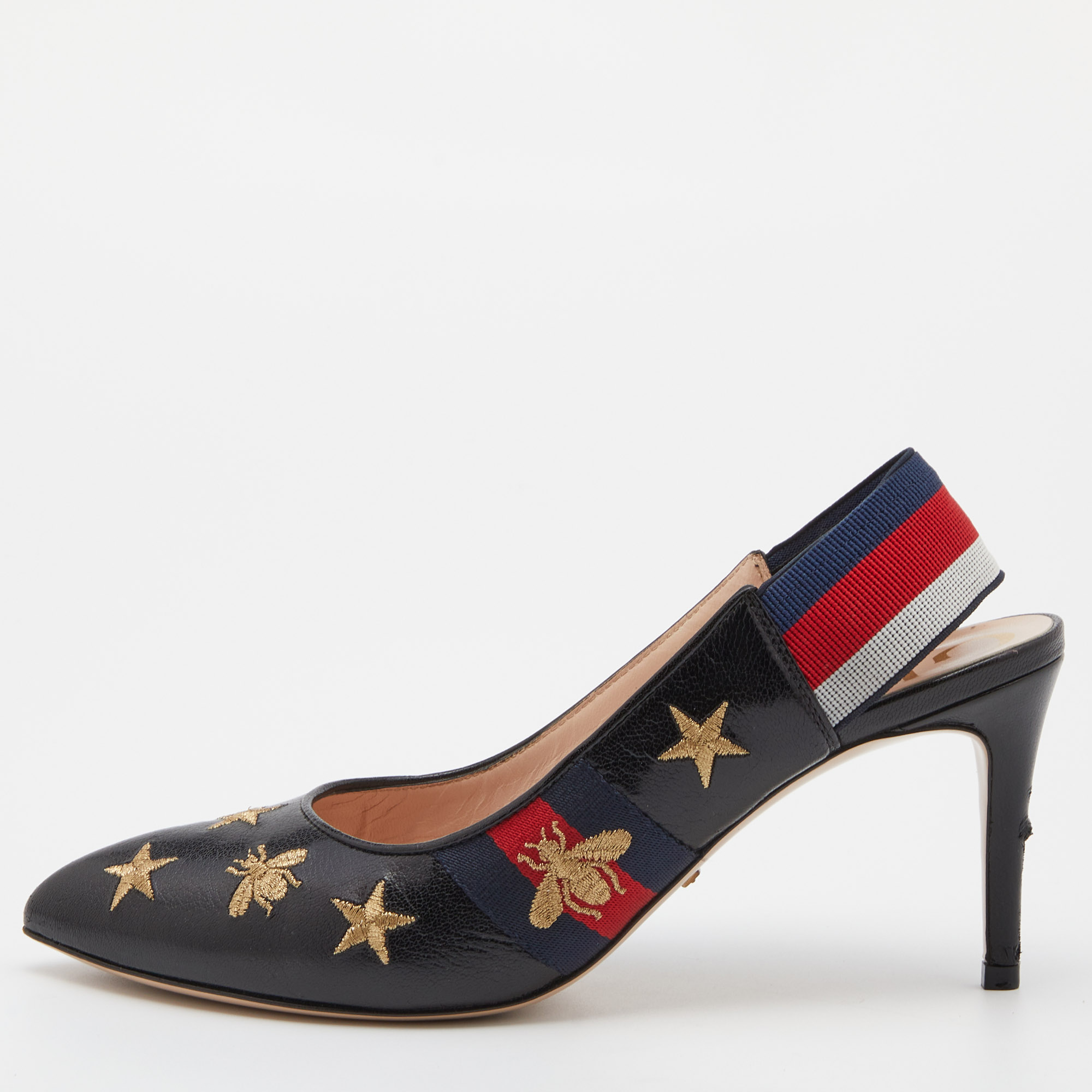 

Gucci Black Bee Star Embroidered Leather Web Sylvie Slingback Pumps Size
