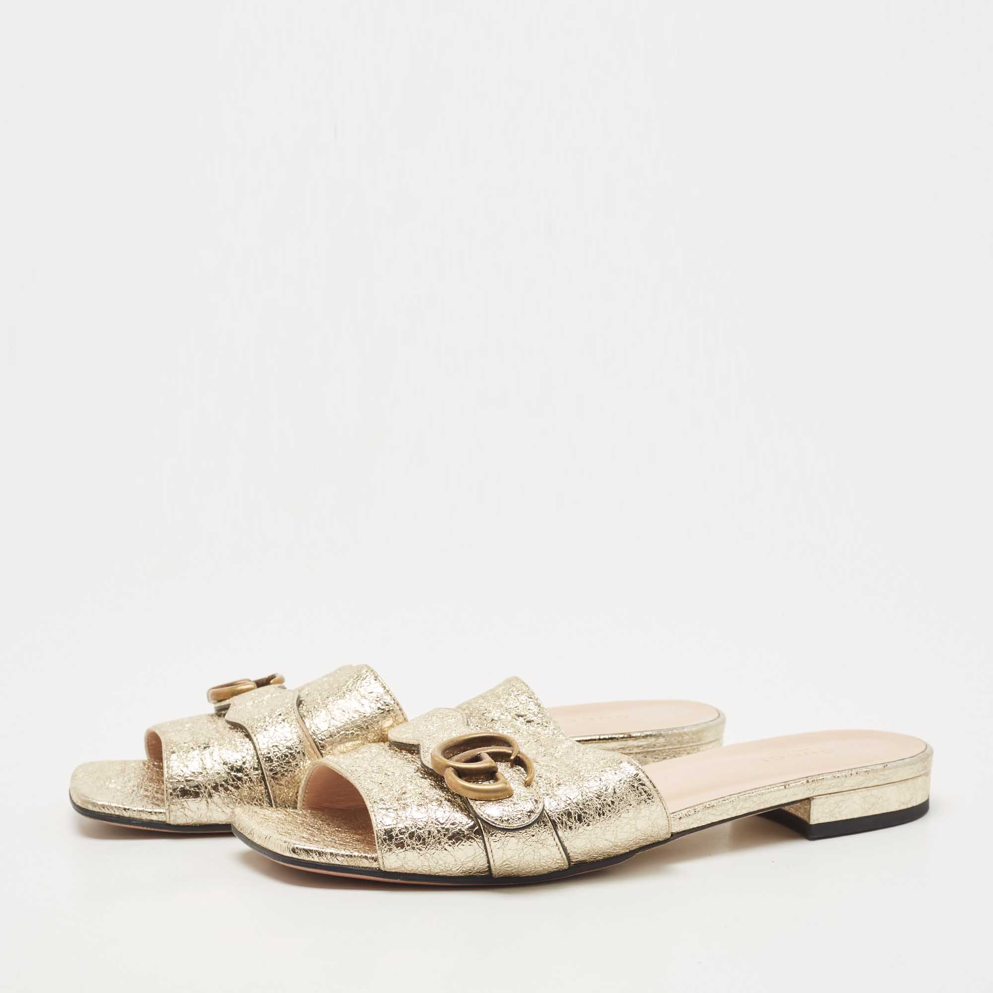 

Gucci Gold Crinkled Leather GG Marmont Flat Slides Size