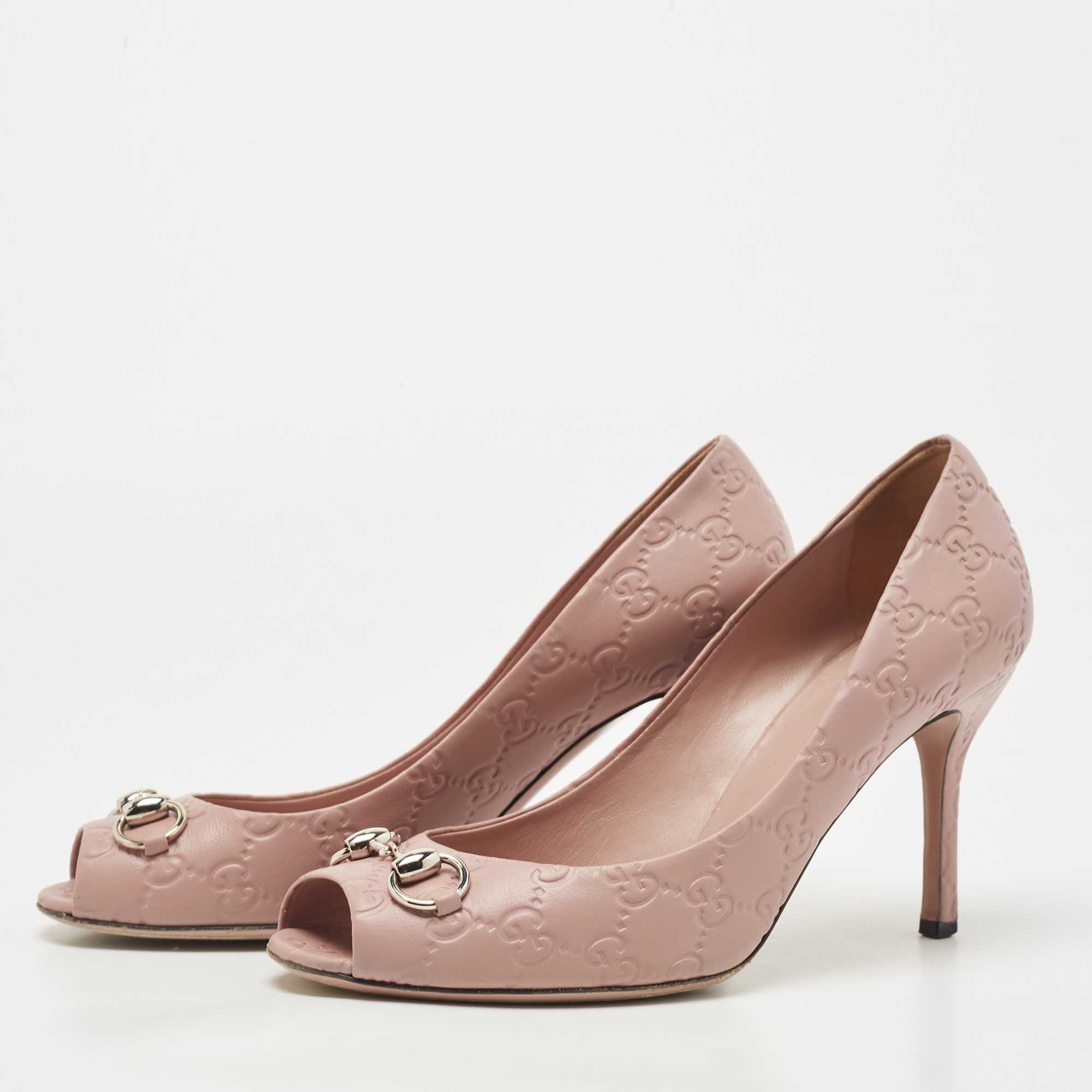 

Gucci Pink Guccissima Leather Hollywood Horsebit Peep Toe Pumps Size