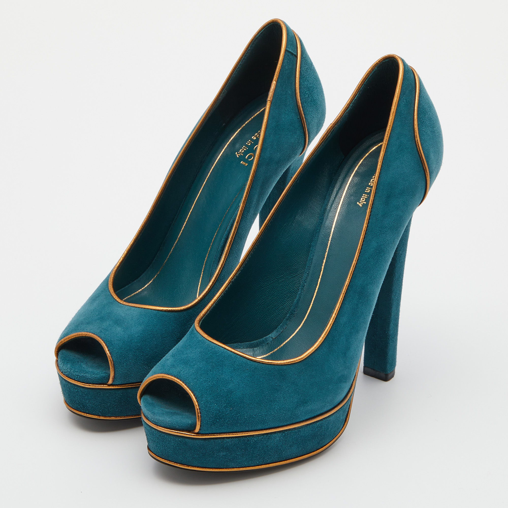 

Gucci Teal Blue Suede Peep Toe Platform Pumps Size