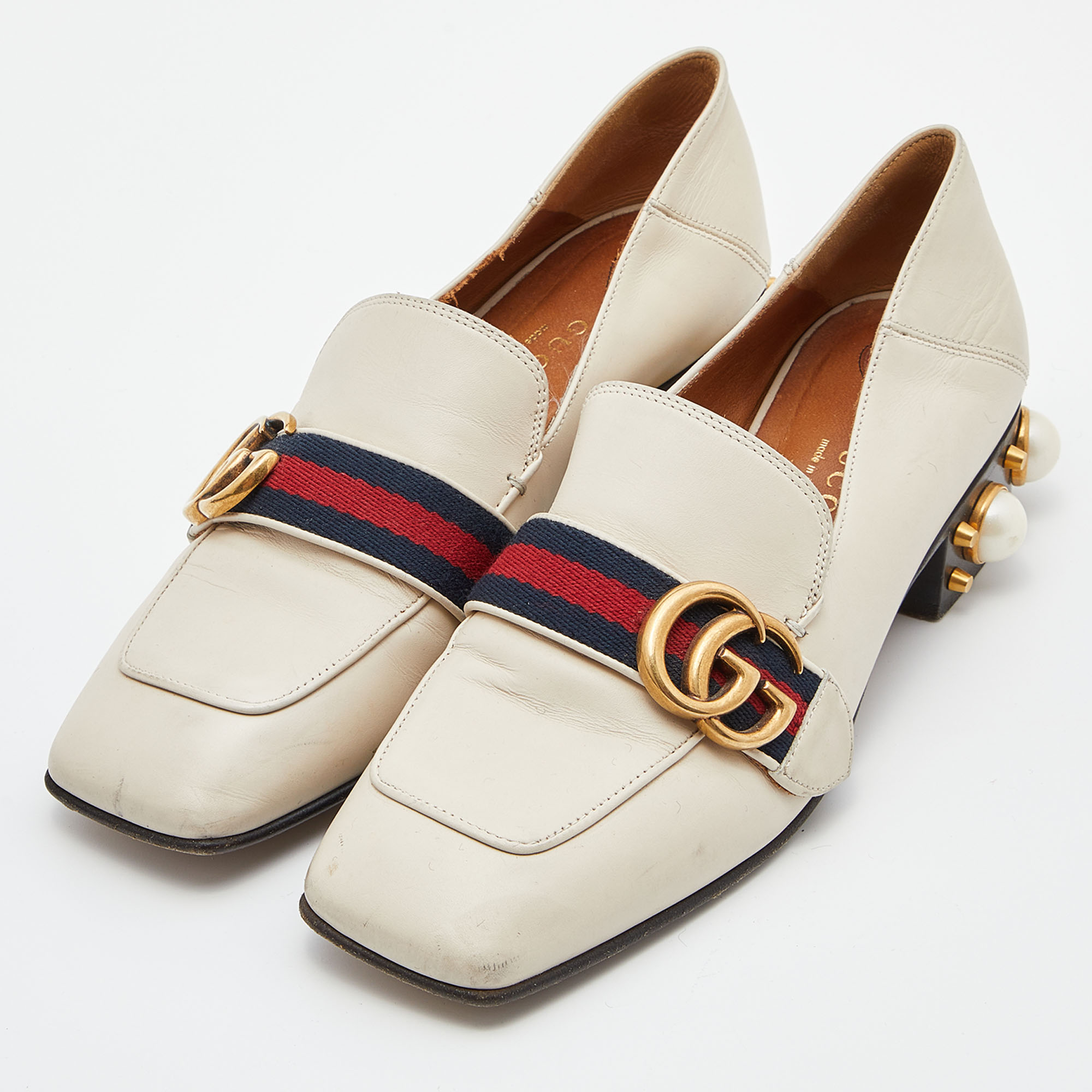 

Gucci Off White Leather GG Marmont Pearl Collapsible Mid Heel Loafer Pumps Size