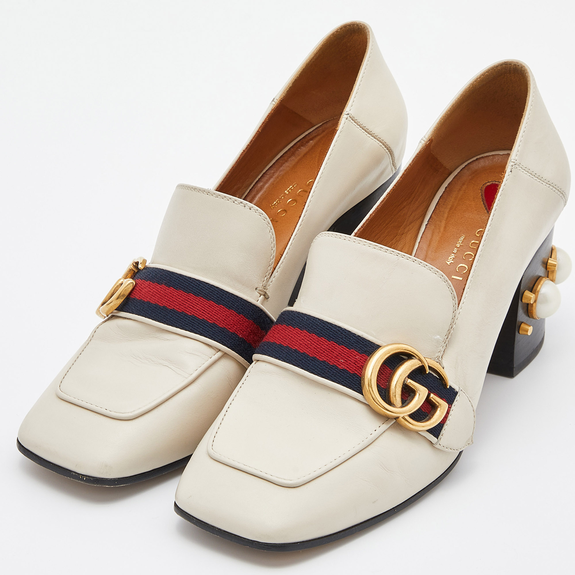 

Gucci Off White Leather Peyton GG Sylvie Pearl Studded Loafer Size