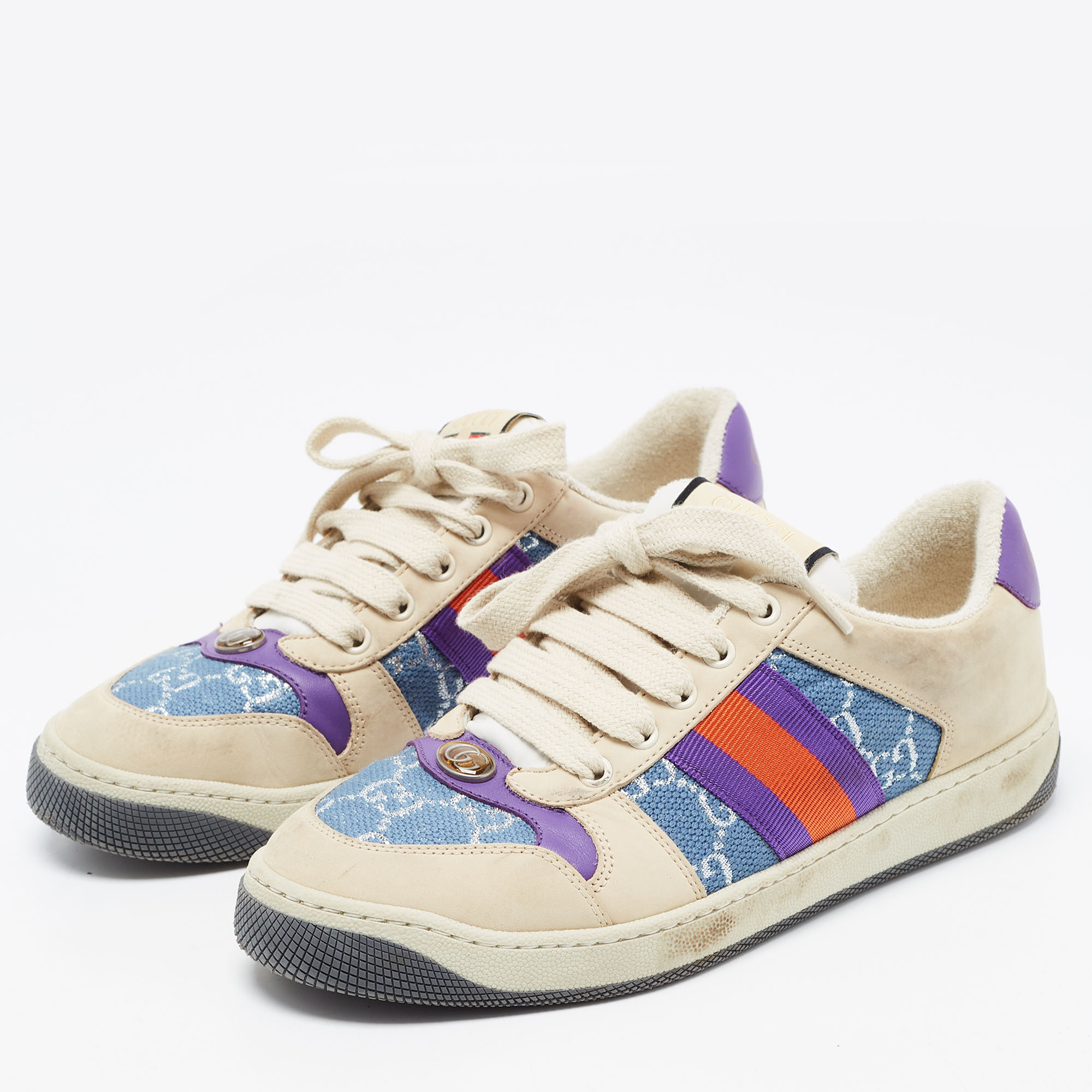 

Gucci Multicolor Nubuck and Canvas Low Top Screener Sneakers Size, Grey