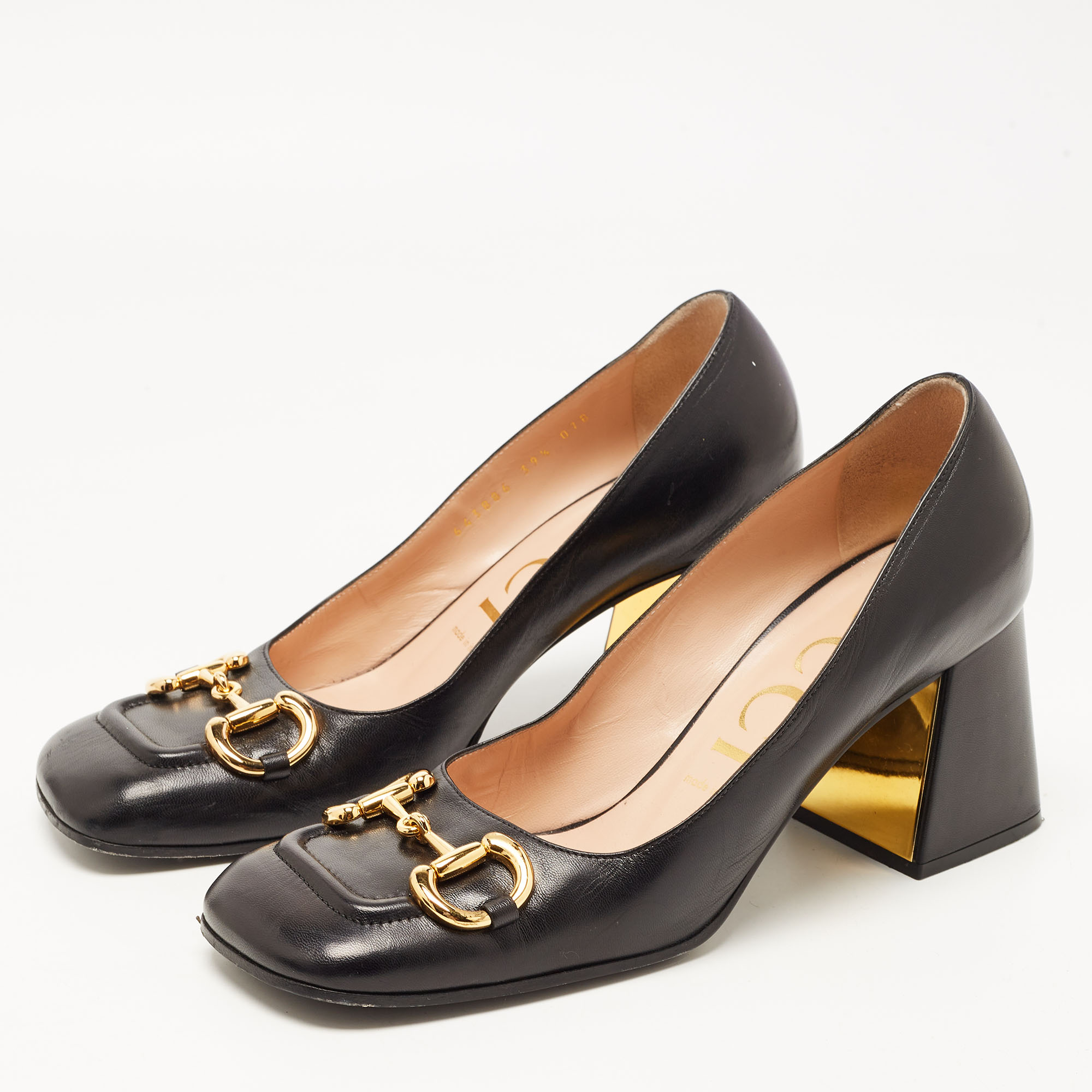 

Gucci Black Leather Horsebit Block Heel Pumps Size