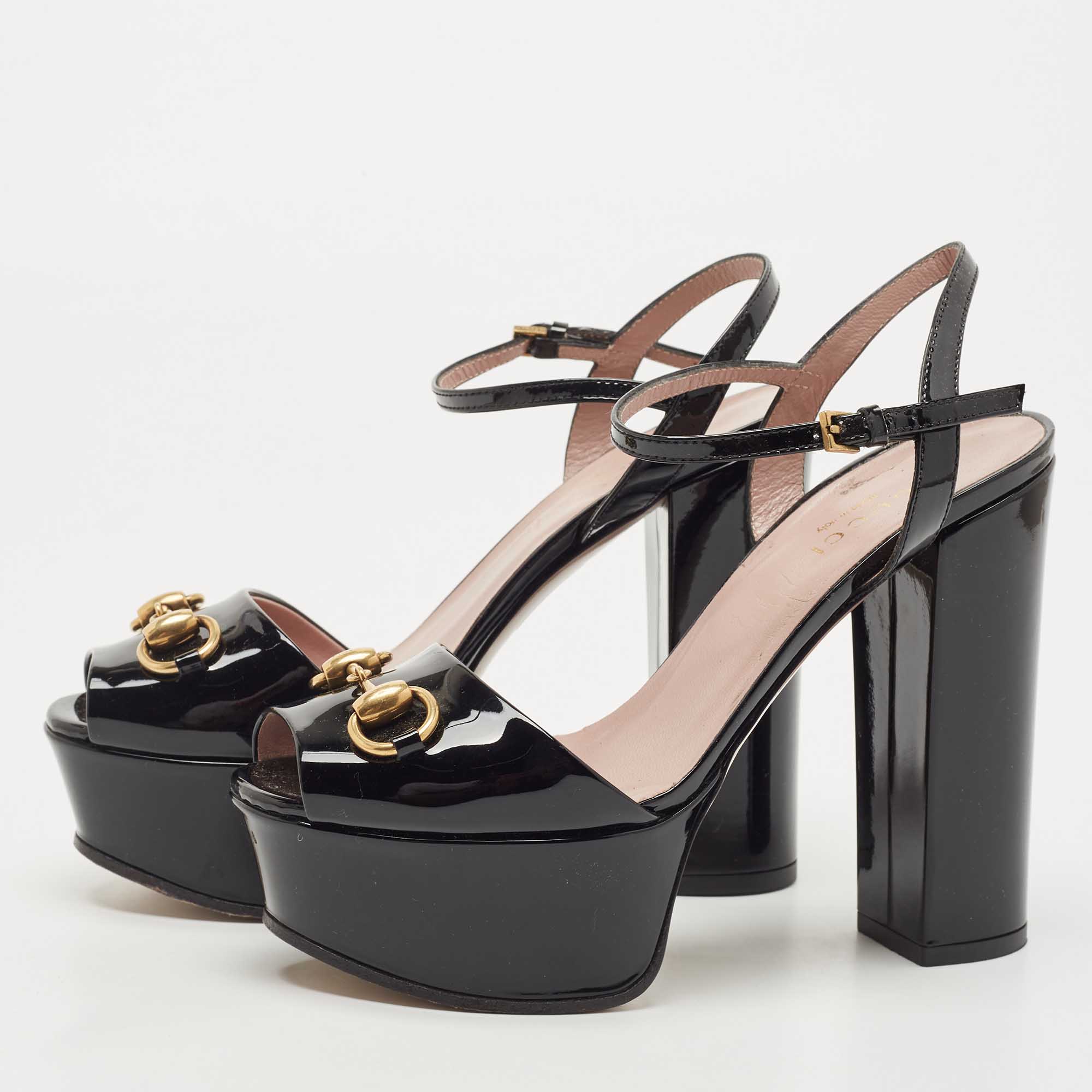 

Gucci Black Patent Leather Claudie Platform Sandals Size