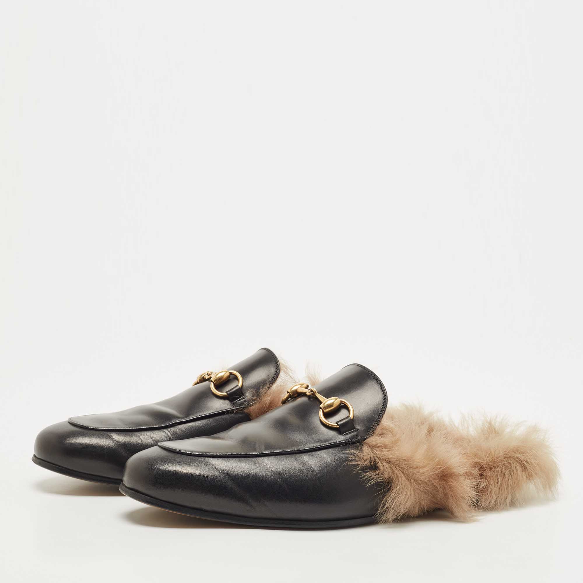 

Gucci Black Leather And Fur Princetown Mules Size