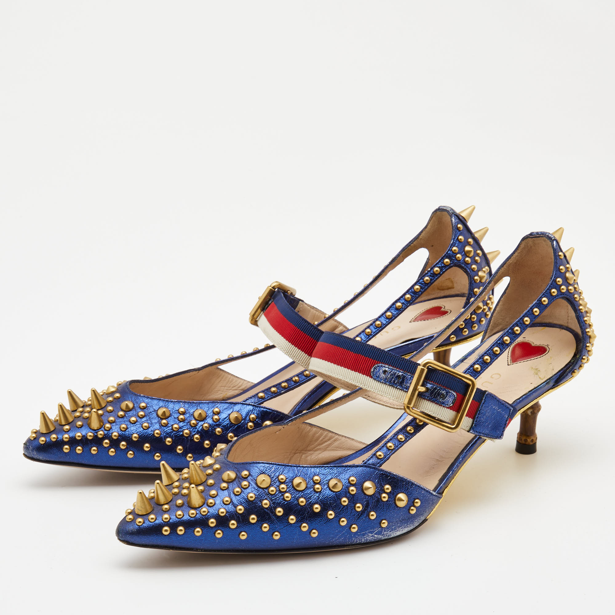 

Gucci Metallic Blue Leather Unia Studded Pointed Toe Pumps Size