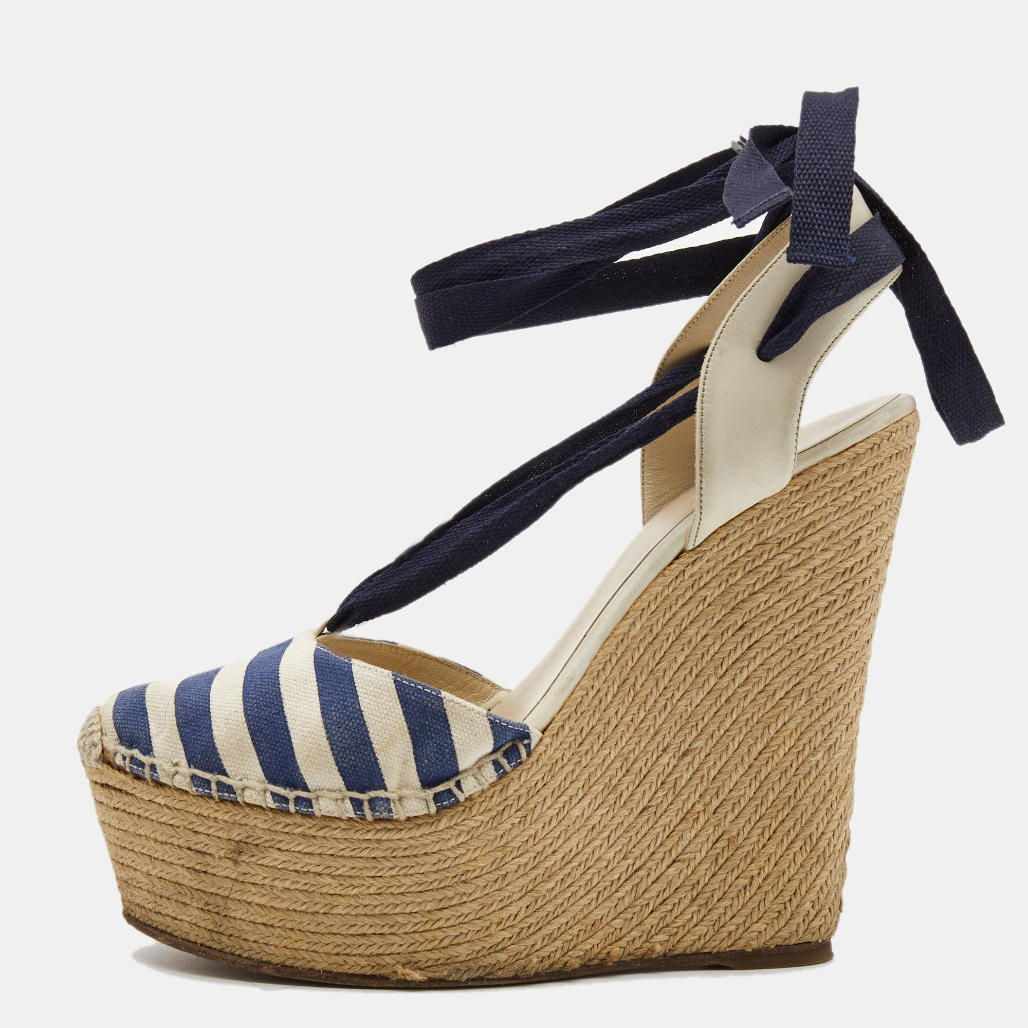 Pre-owned Gucci Navy Blue/white Striped Canvas And Leather Espadrille Wedge Ankle Tie Pumps Size 38