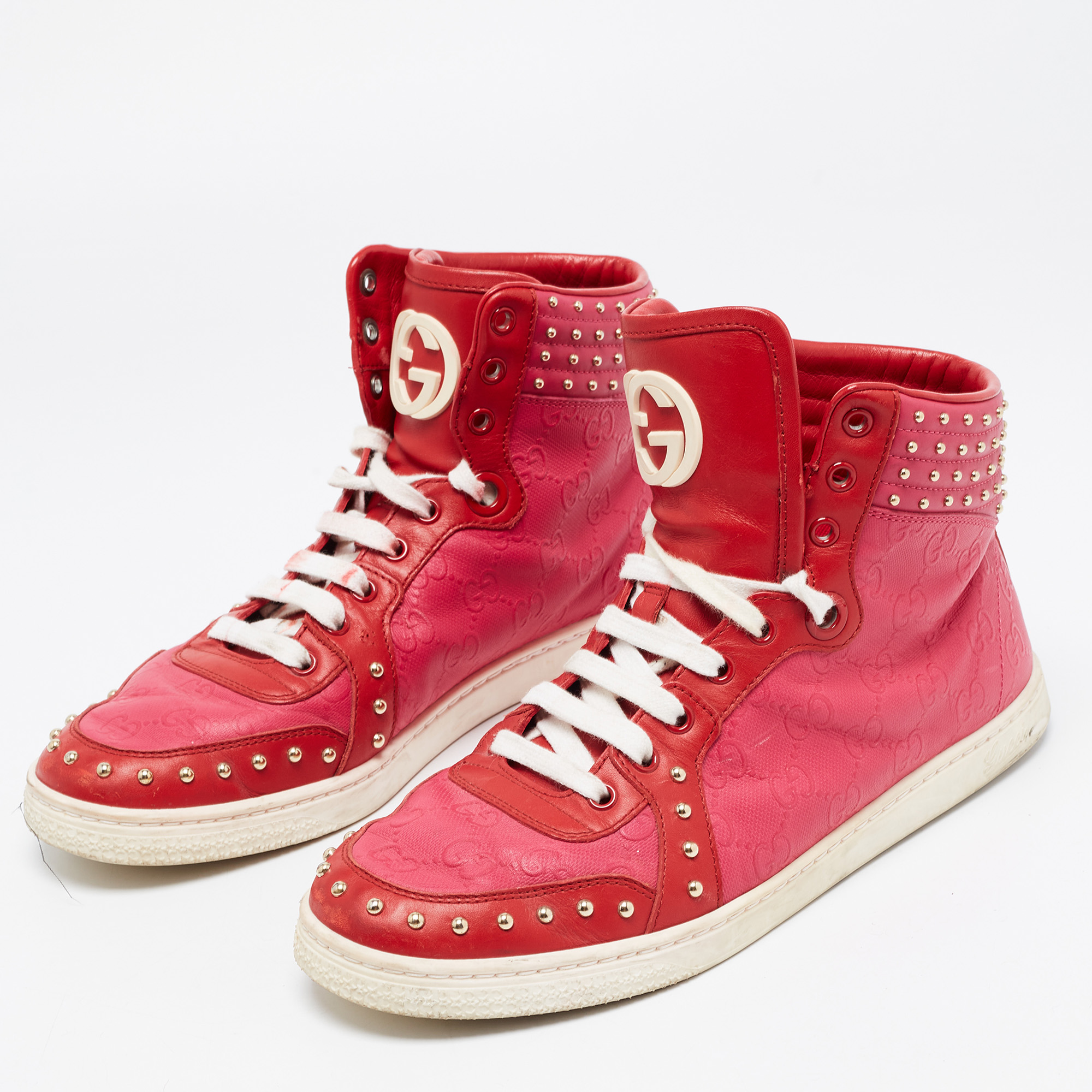 

Gucci Pink/Red Guccissima Leather Studded Coda High Top Sneakers Size