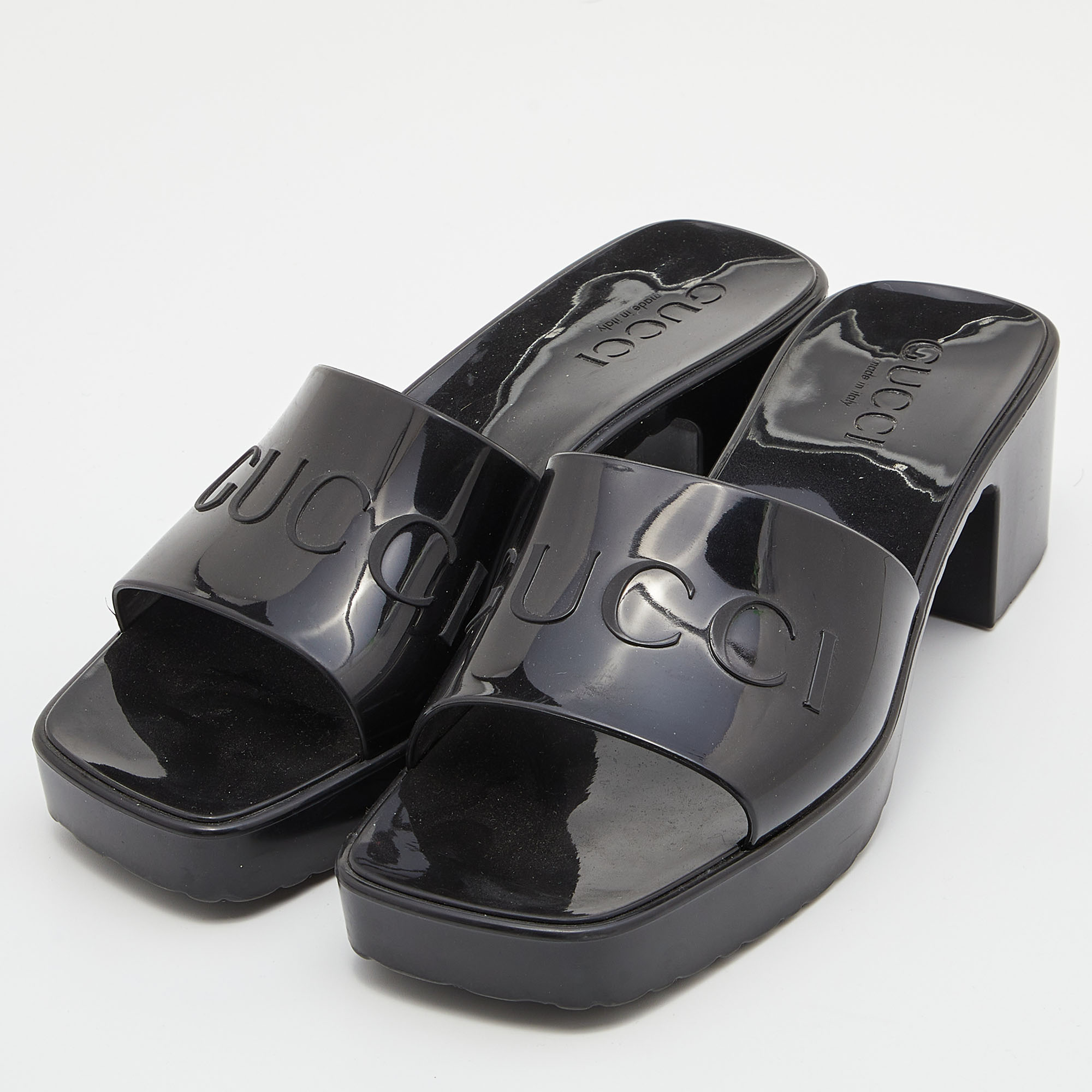 

Gucci Black Rubber Logo Platform Slide Sandals Size