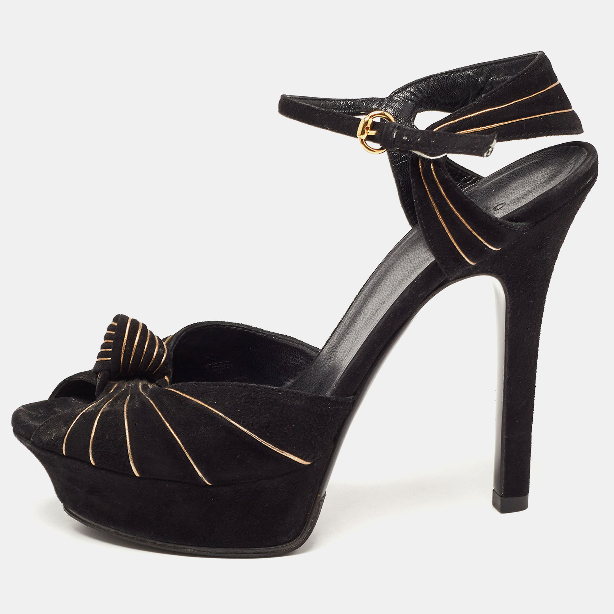 Pre-owned Gucci Black Suede Knot Detail Peep Toe Platform Sandals Size 37