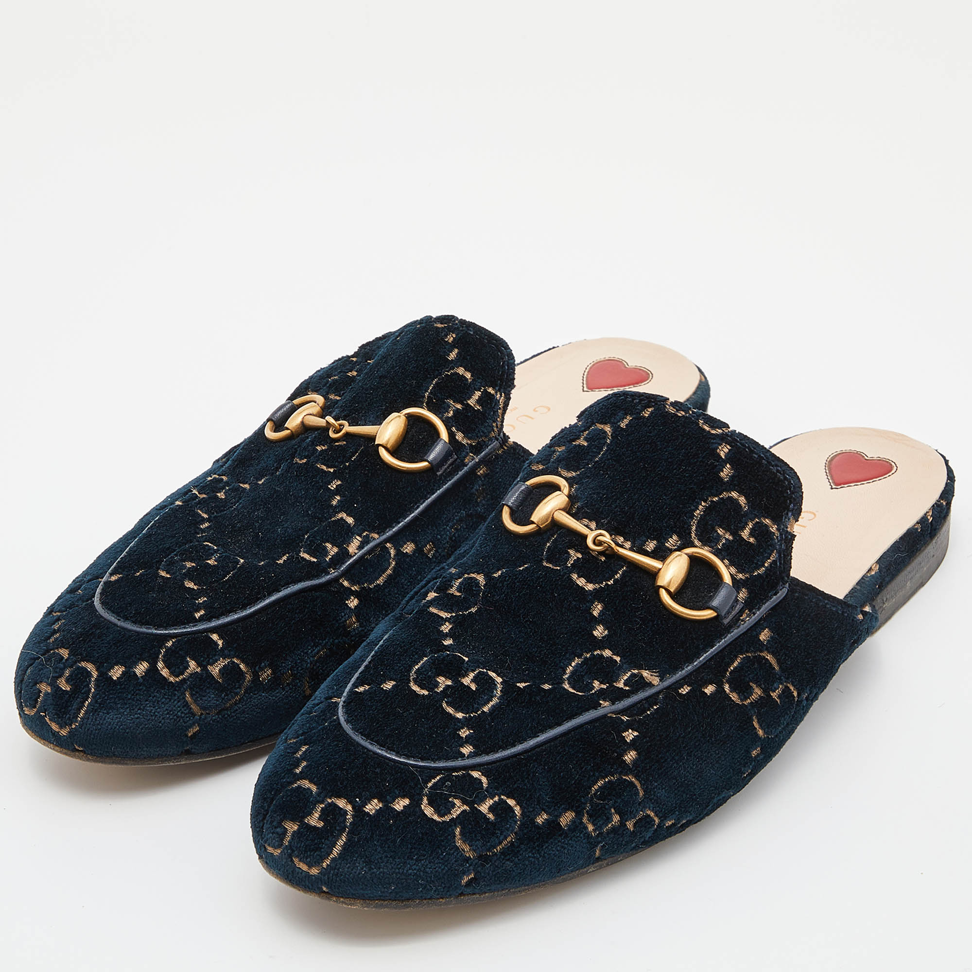 

Gucci Blue/Gold GG Velvet Princetown Flat Mules Size