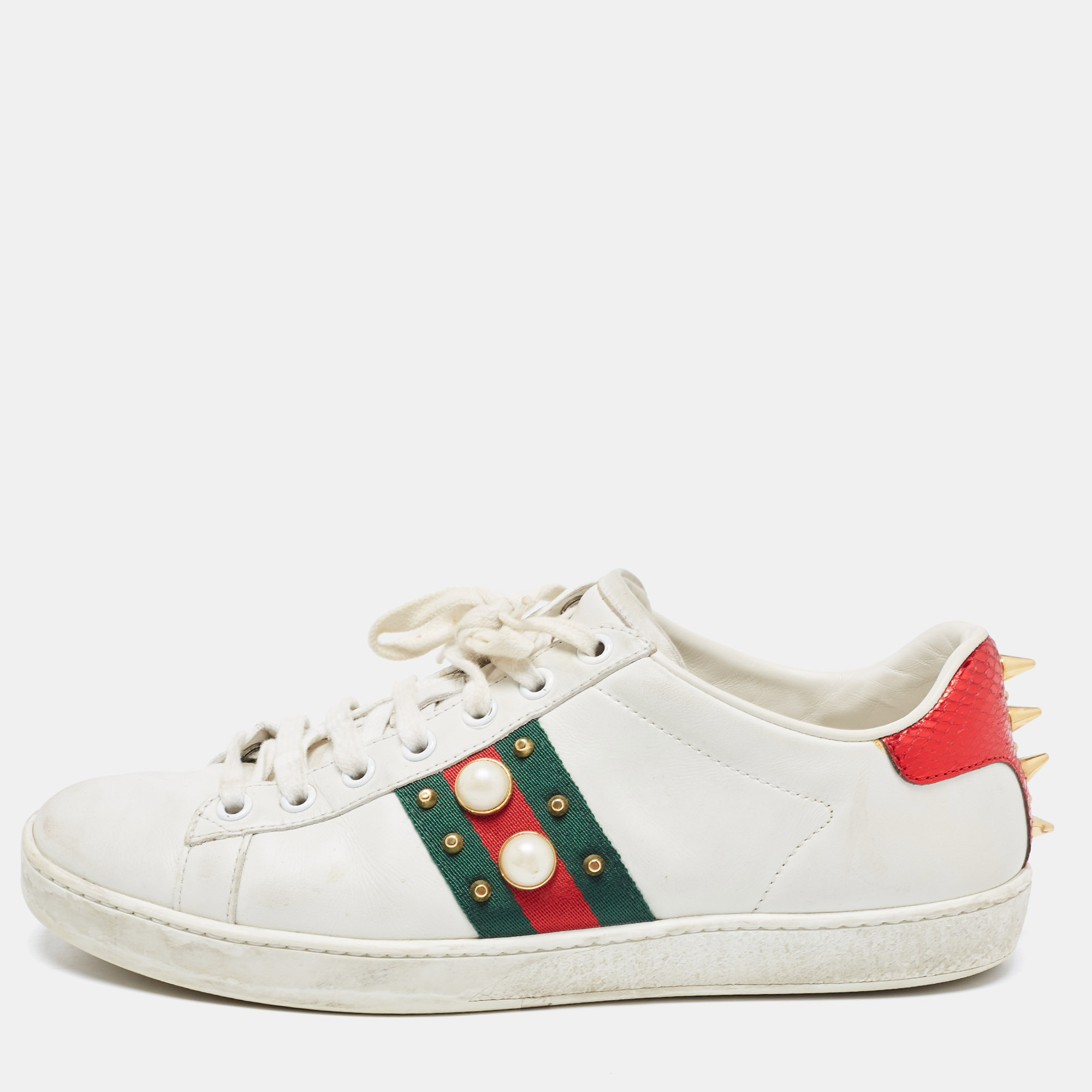 Pre-owned Gucci White Leather Web Ace Low Top Sneakers Size 37.5