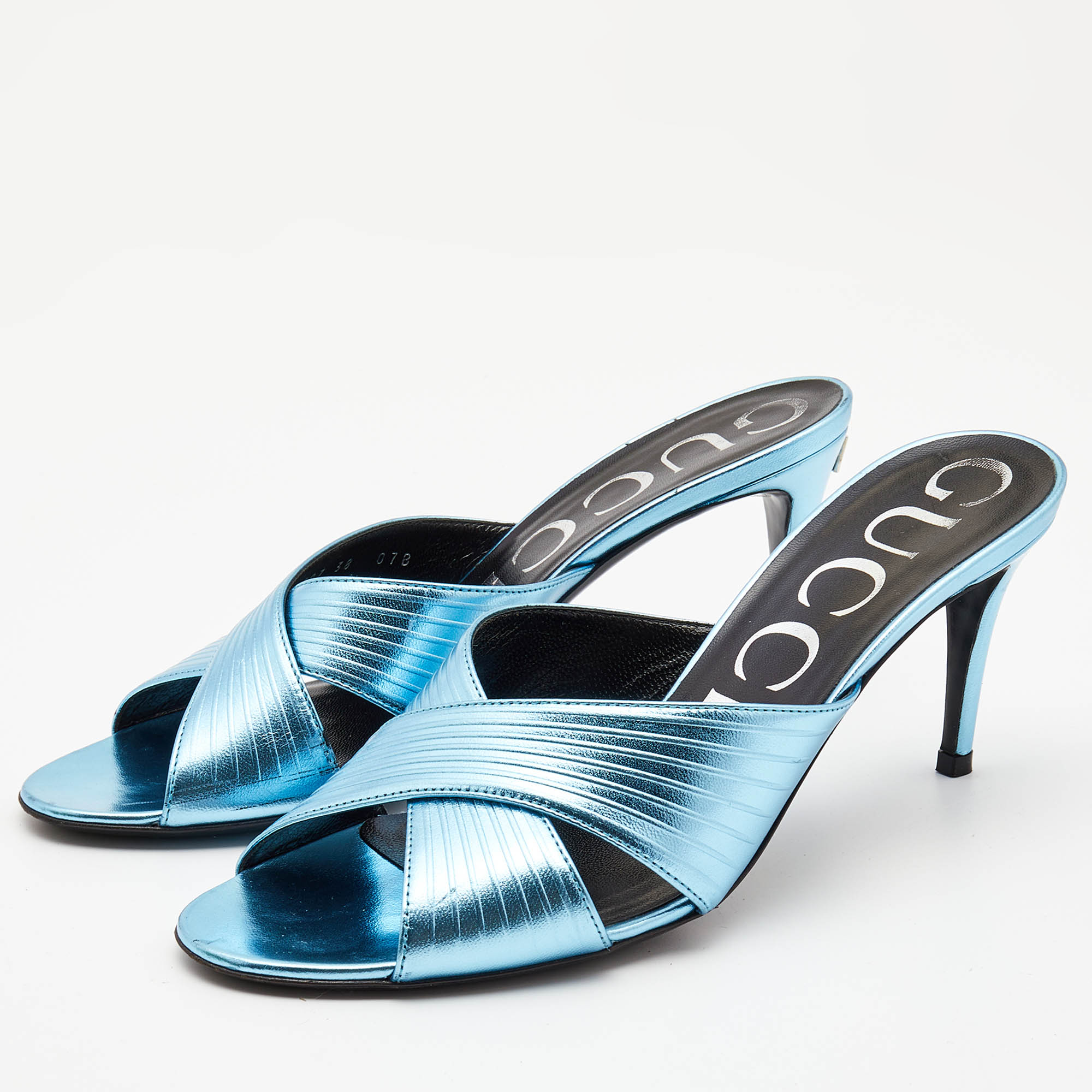 

Gucci Metallic Leather Criss Cross Slide Sandals Size, Blue