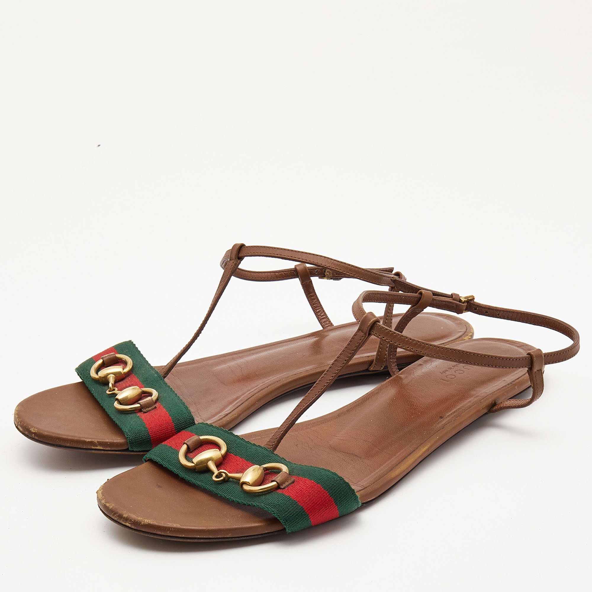 

Gucci Brown Leather Web Detail Liliana Horsebit Flat Sandals Size