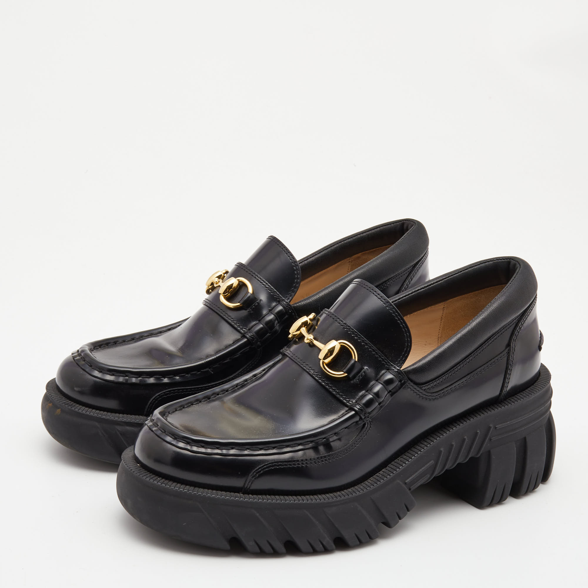 

Gucci Black Leather Romance Horsebit Loafers Size