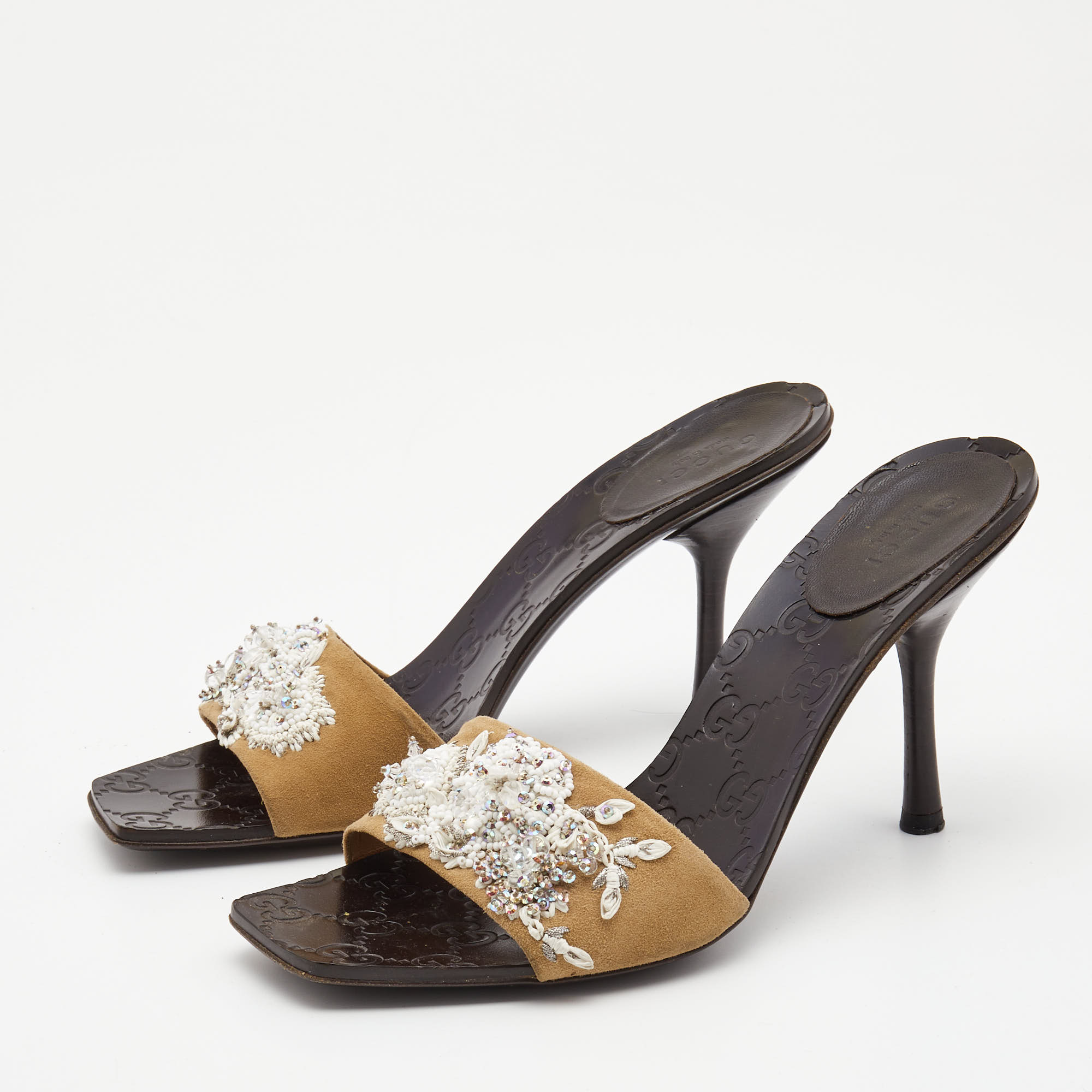 

Gucci Brown Fabric Embellished Slide Sandals Size