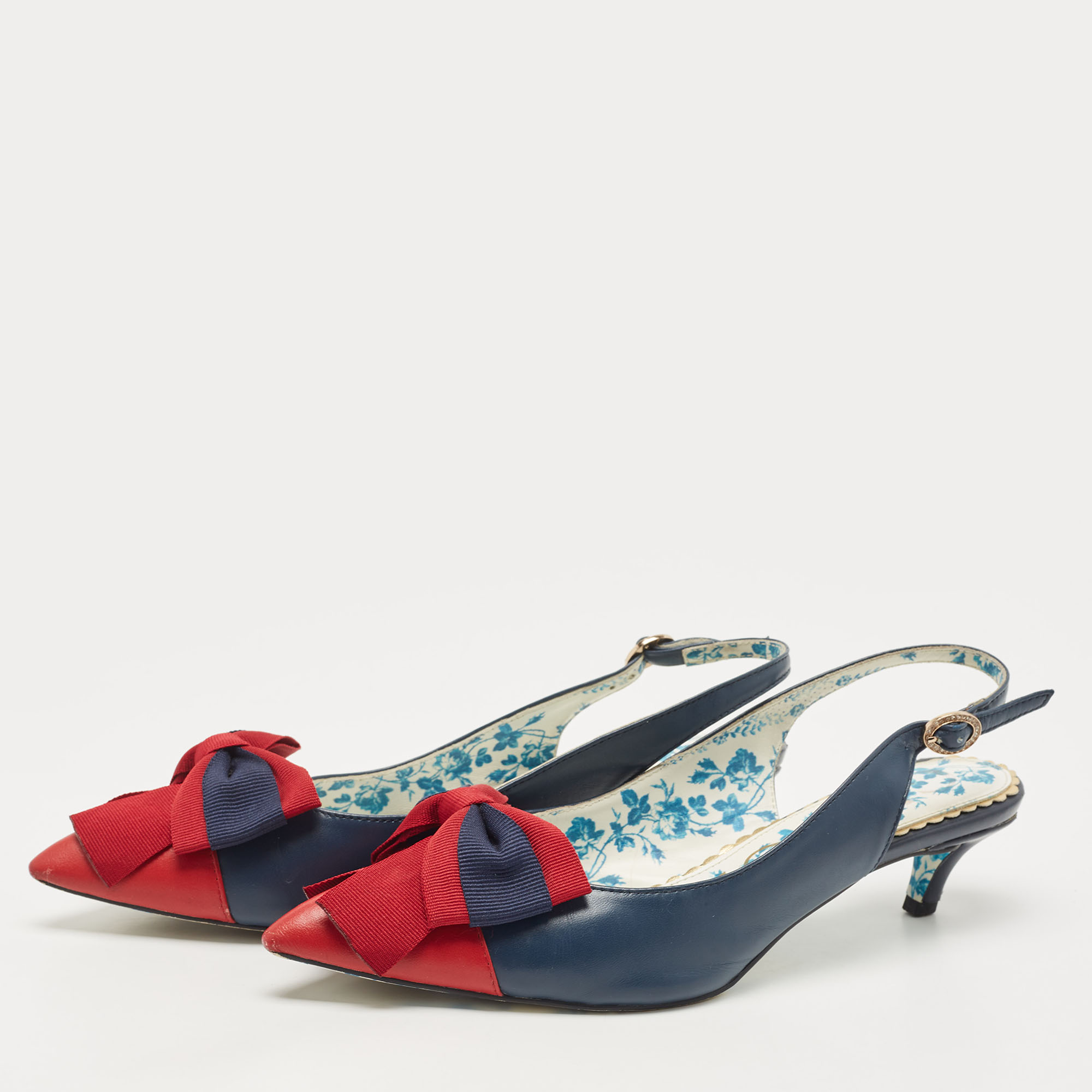 

Gucci Navy Blue/Red Leather Jane Bow Slingback Pumps Size