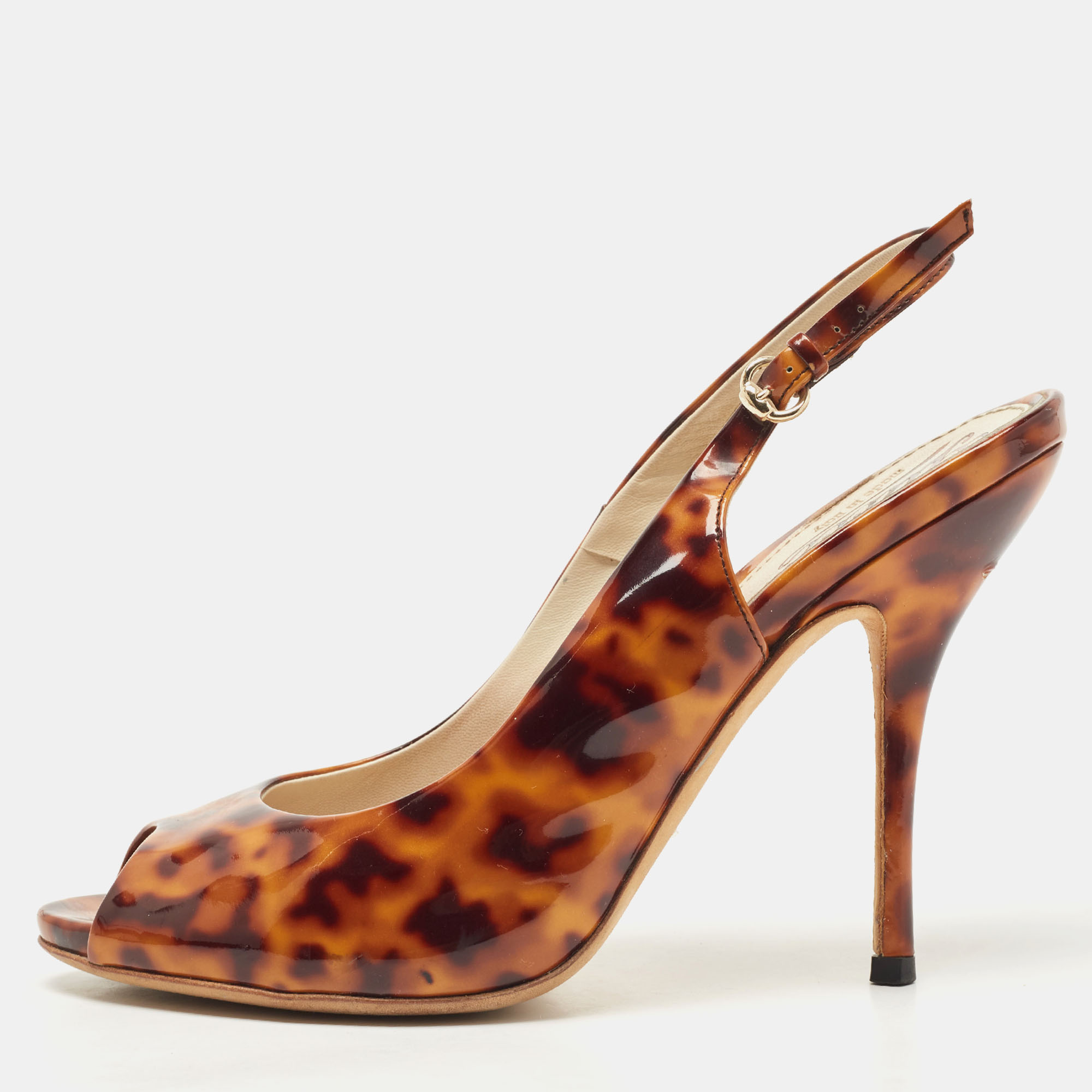 

Gucci Two-Tone Animal Print Patent Leather Peep Toe Slingback Pumps Size, Brown