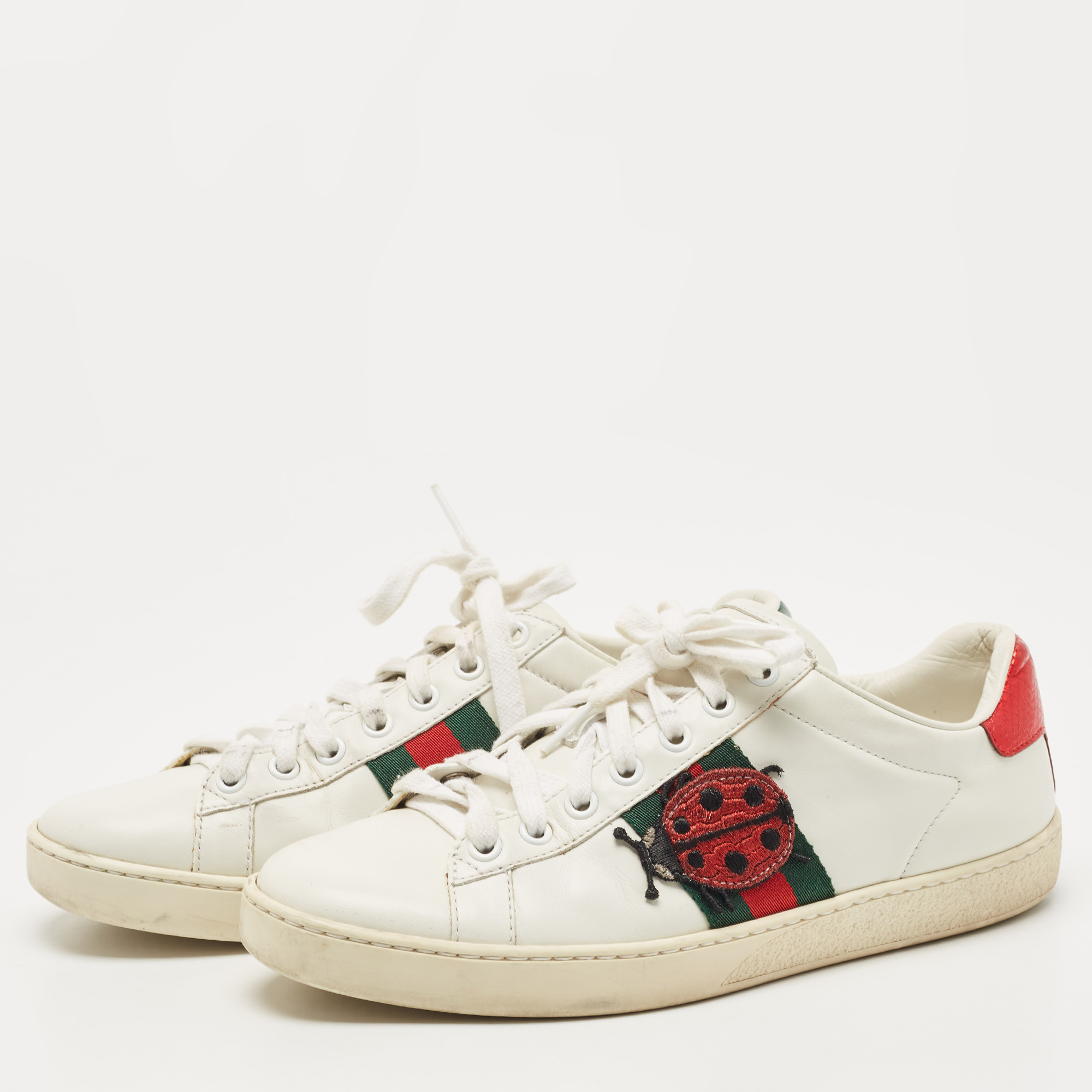 

Gucci White Leather Embroidered Ladybird And Pineapple Ace Low Top Sneakers Size