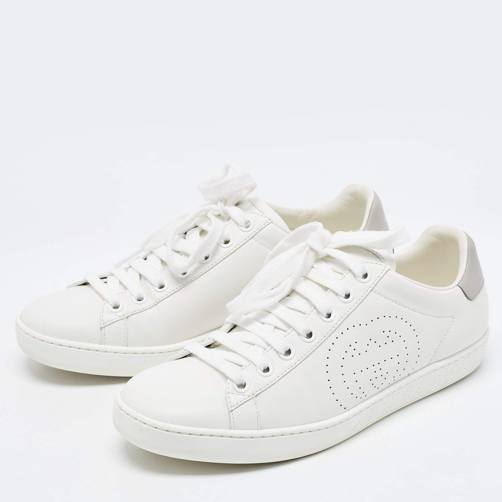 

Gucci White Perforated Interlocking G Leather Sneakers Size