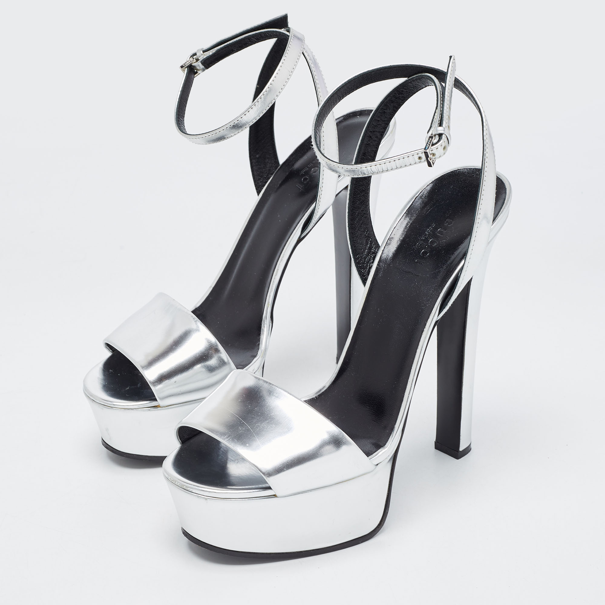 

Gucci Silver Patent Leather Platform Ankle Strap Sandals Size