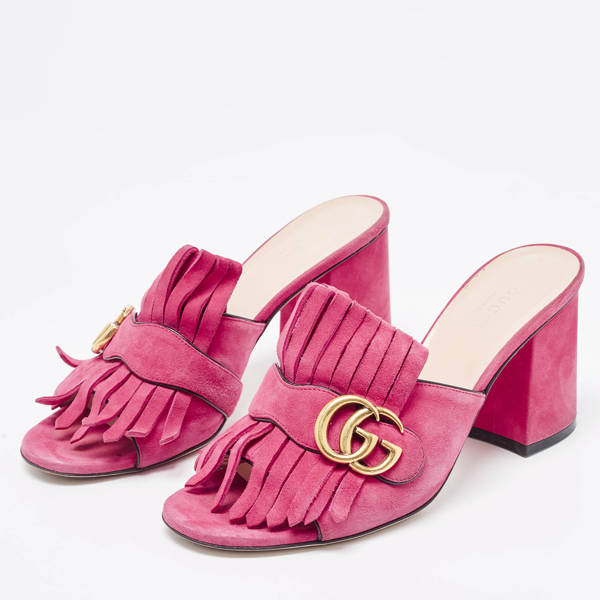 

Gucci Pink Suede Double G Fringe Details Block Heel Slide Sandals Size