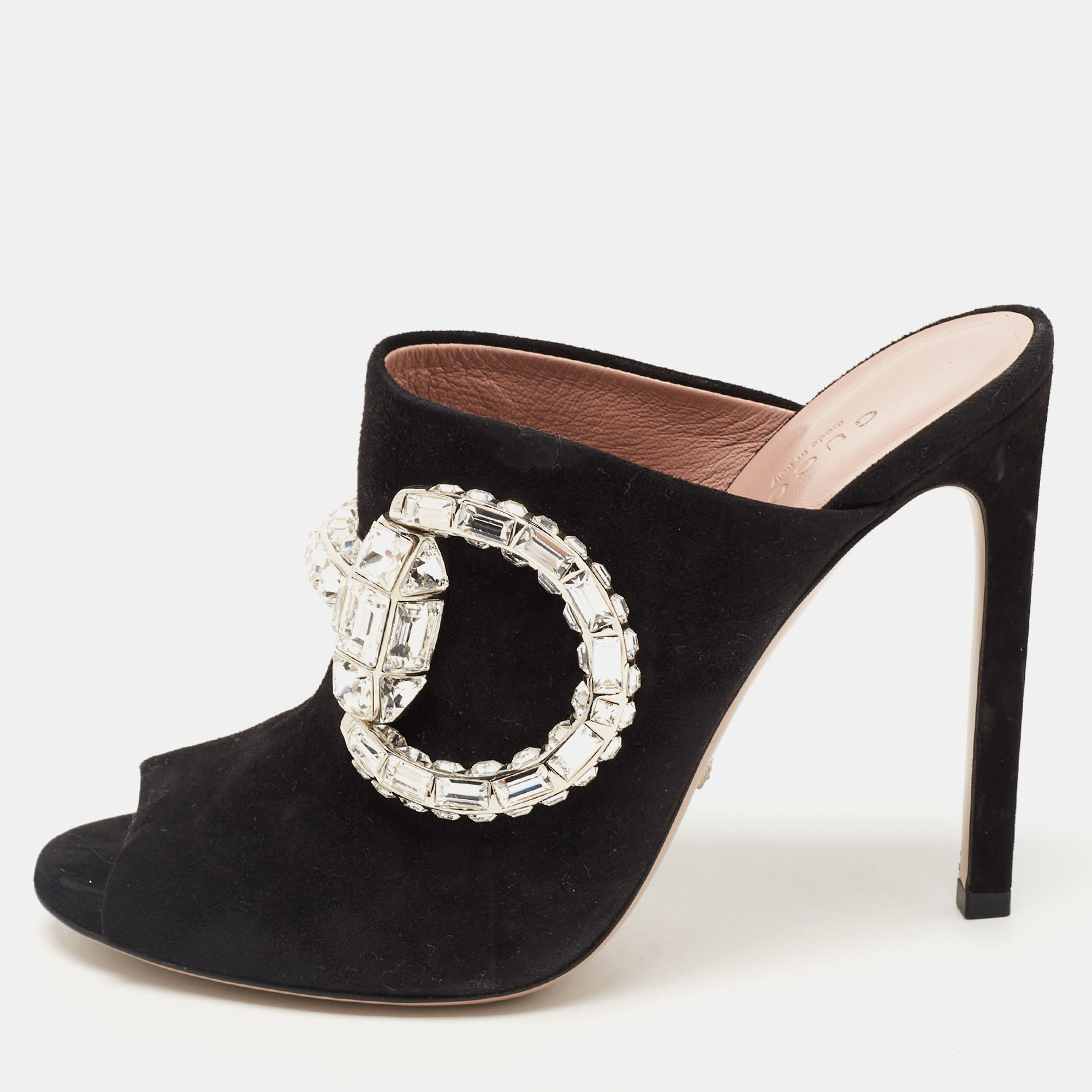 

Gucci Black Suede Maxime Crystals Embellished Open Toe Slide Sandals Size