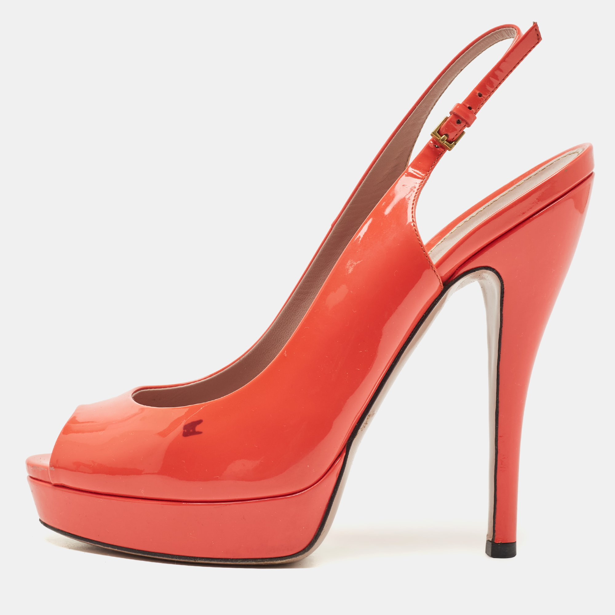 Pre-owned Gucci Orange Patent Leather Peep Toe Platform Pumps Size 39