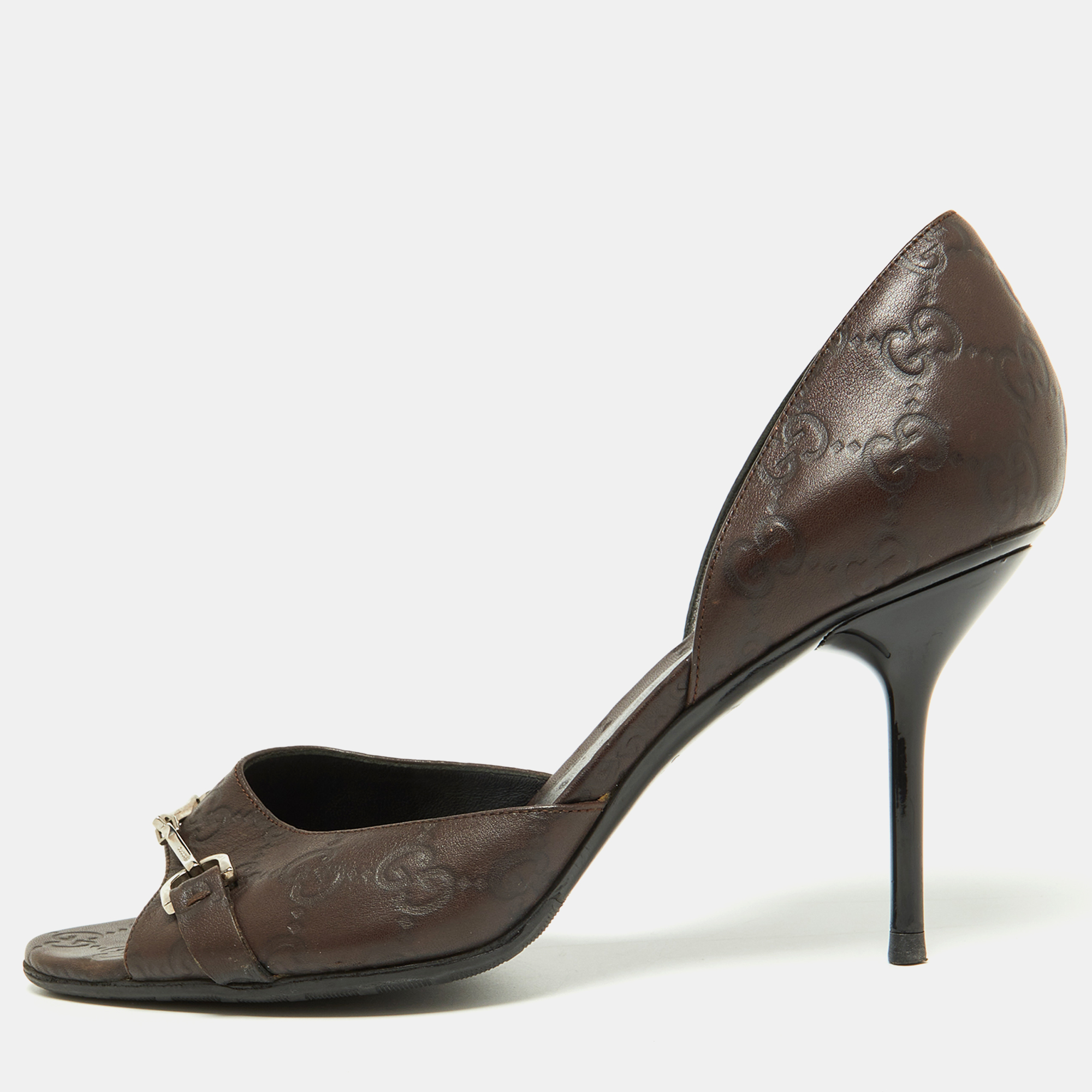 Pre-owned Gucci Ssima Leather Horsebit D'orsay Peep Toe Pumps Size 39 In Brown