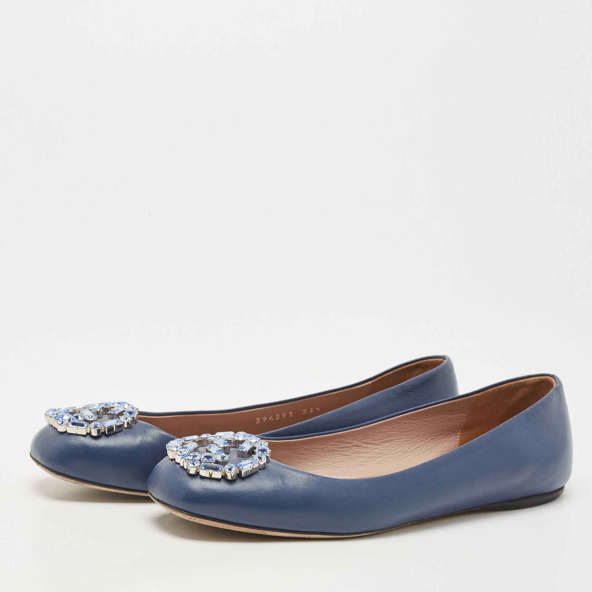 

Gucci Blue Leather Crystal Interlocking G Ballet Flats Size, Navy blue