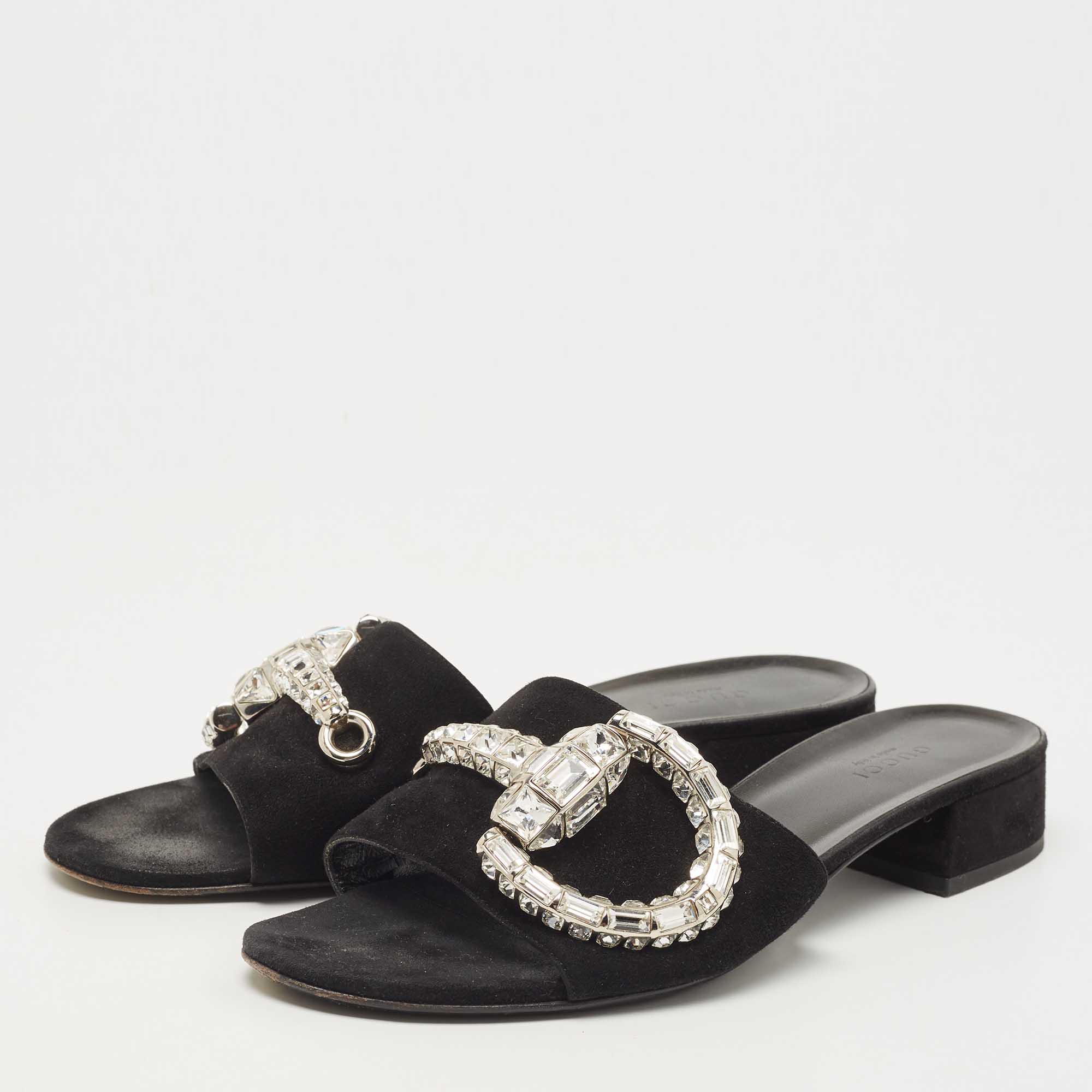 

Gucci Black Suede Crystal Maxime Slide Sandals Size