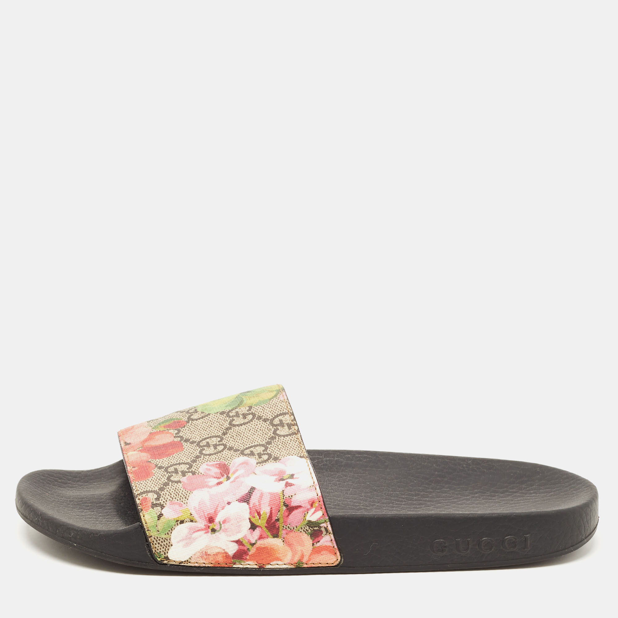 Pre Owned Gucci Brown/Beige GG Bloom Print Supreme Canvas Flat Slides Size 37