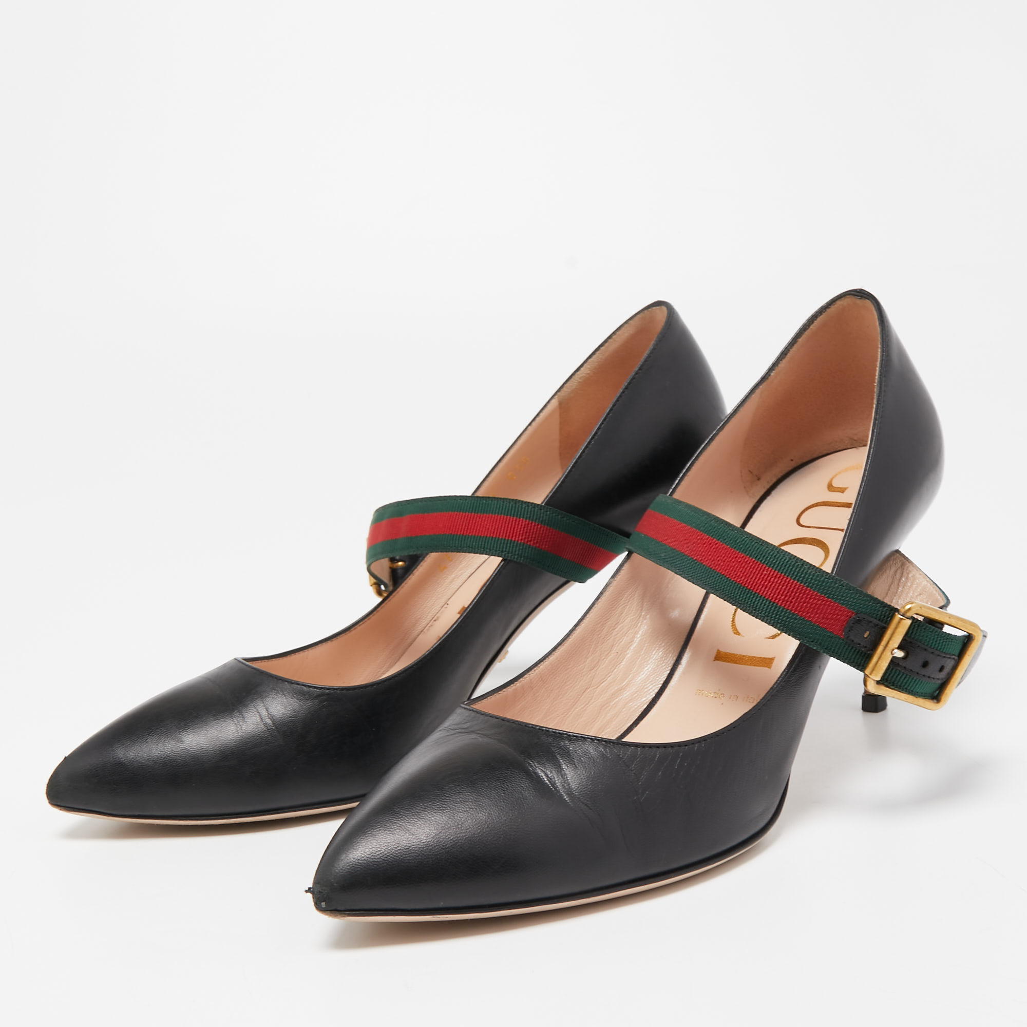 

Gucci Black Leather Sylvie Web Buckle Mary Jane Pointed Toe Pumps Size