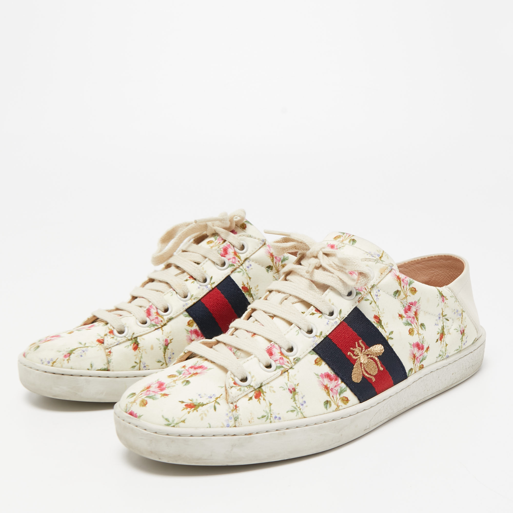 

Gucci Cream Canvas And Leather Flower Ace Low Top Sneakers Size