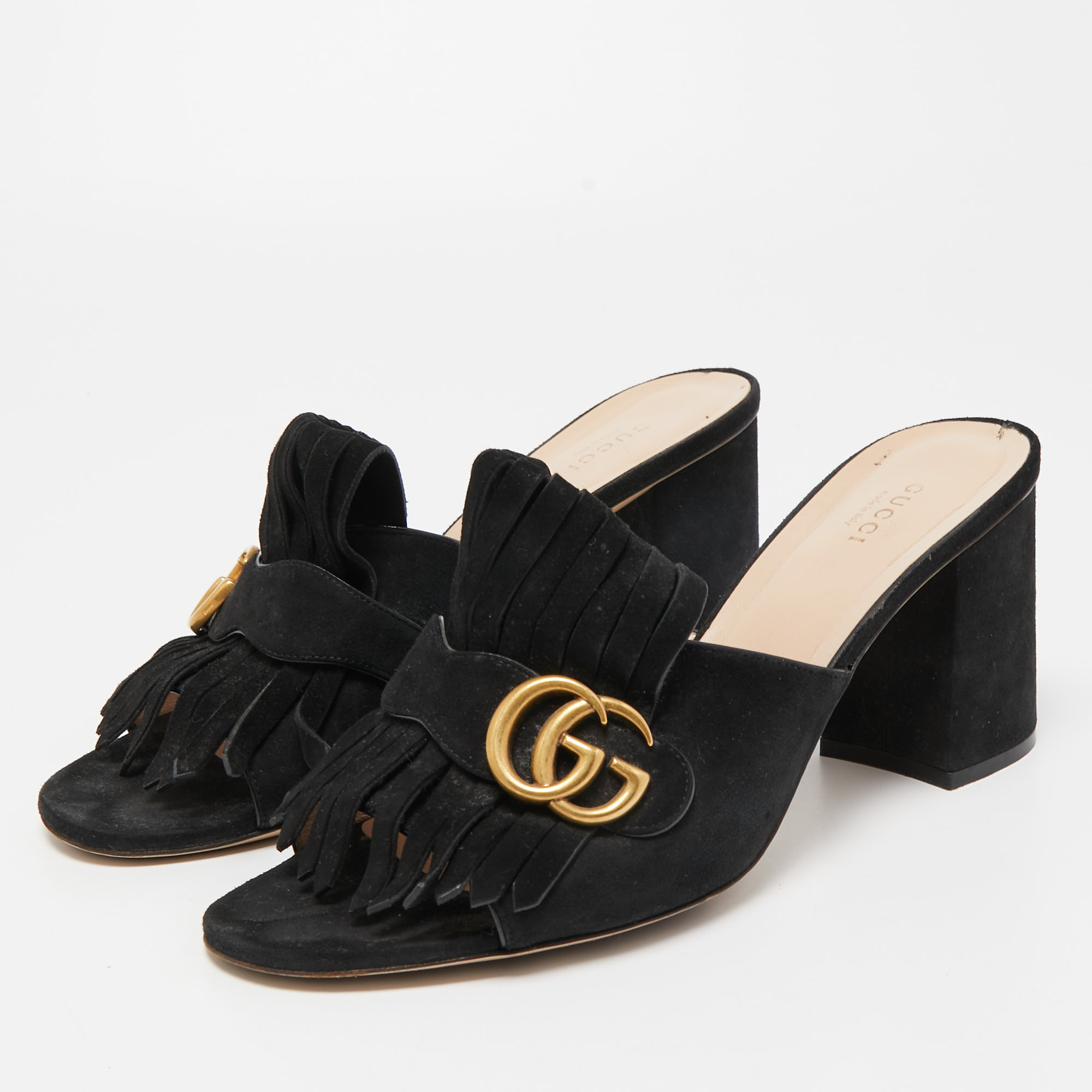 

Gucci Black Suede Double G Block Heel Slides Size