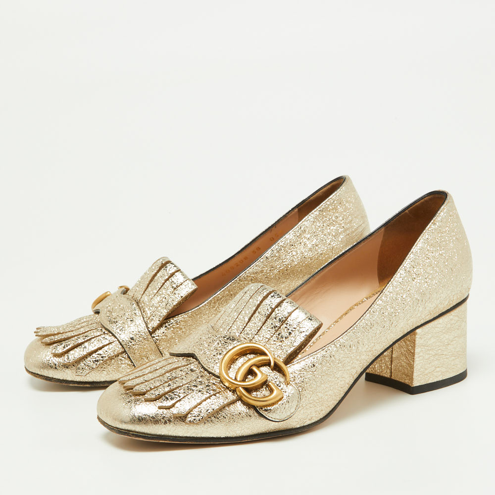 

Gucci Gold Crinkled Leather GG Marmont Fringed Pumps Size