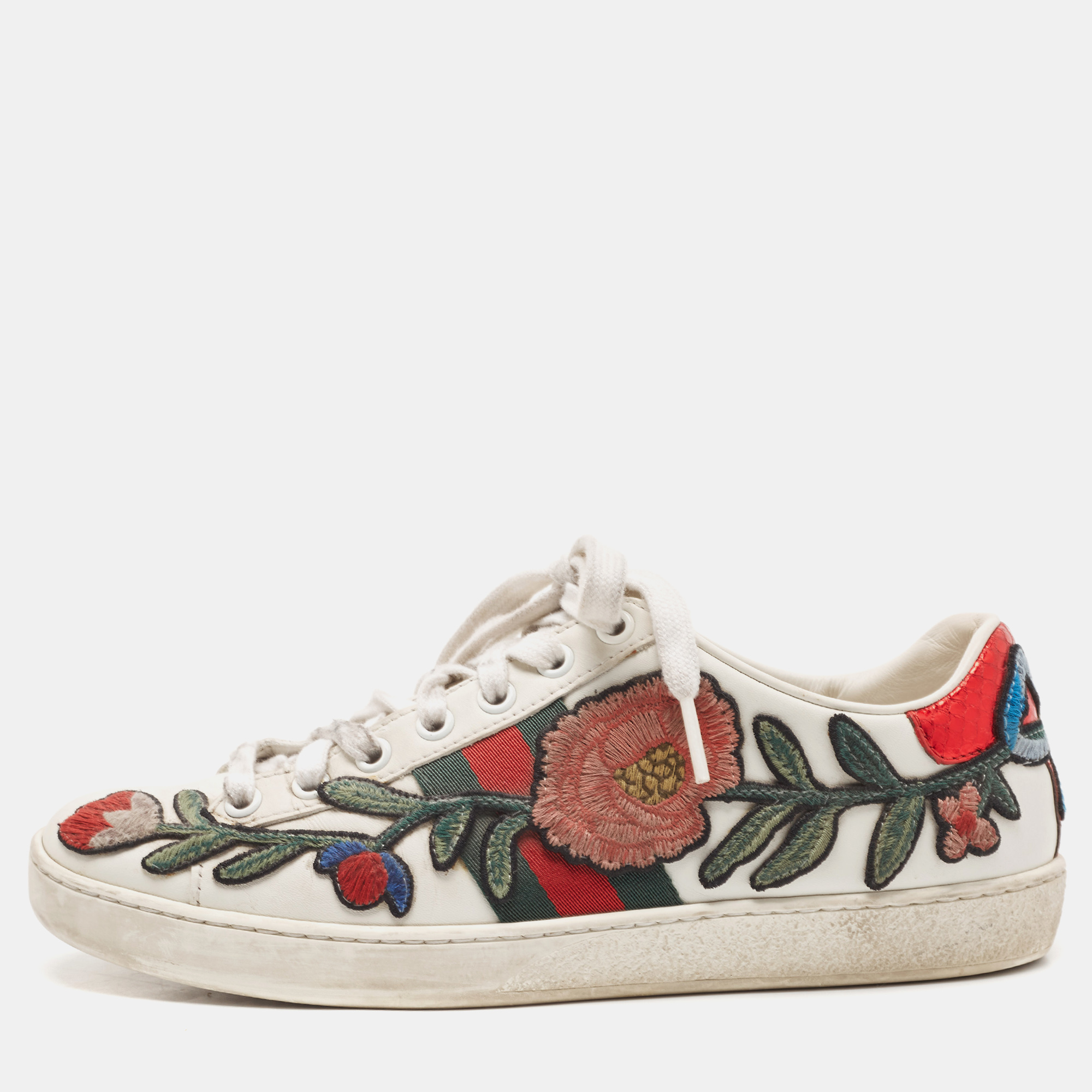 Gucci White Leather Floral Embroidered Ace Sneakers Size 36.5